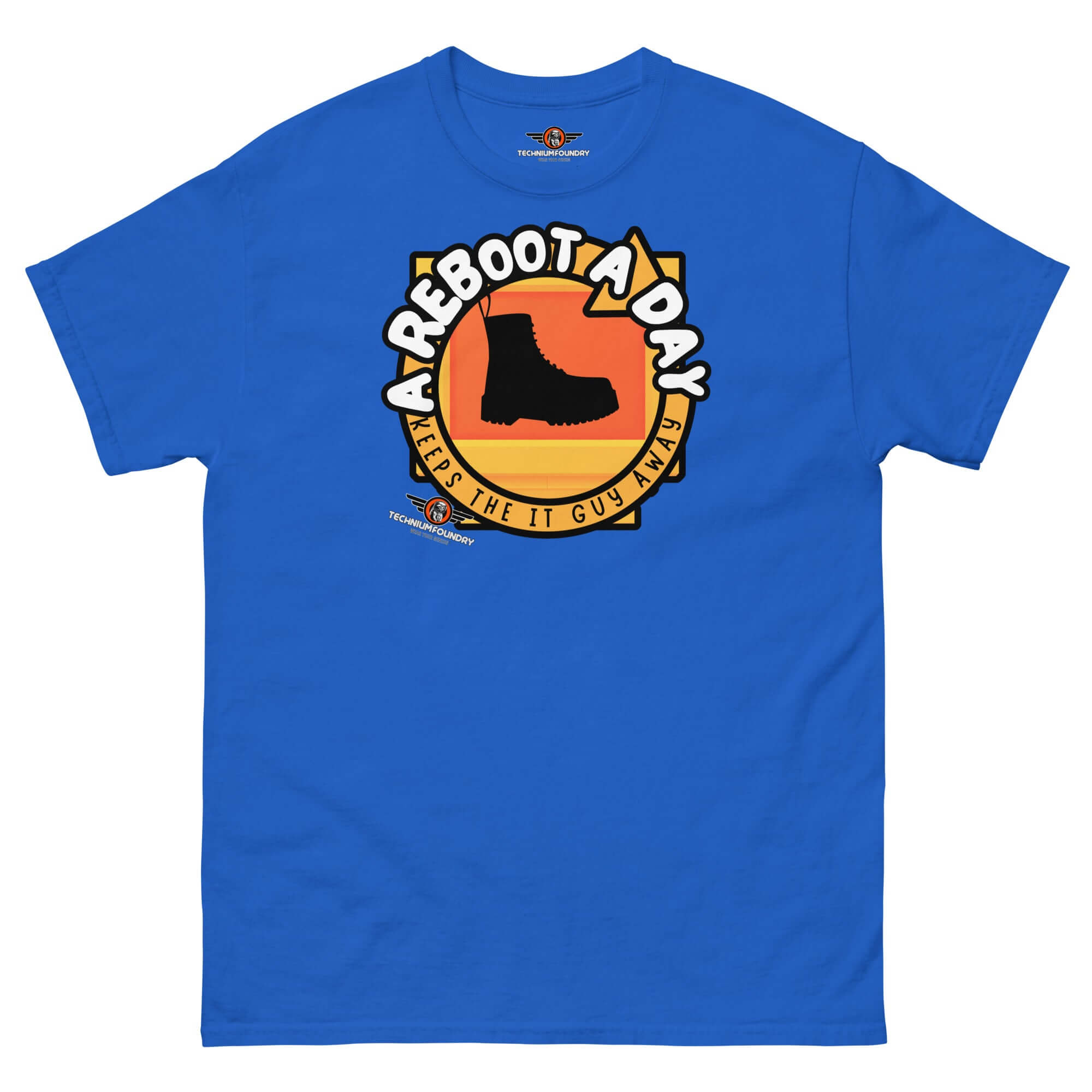 Blue "A Reboot A Day" IT support humor t-shirt with combat boot design, ideal for tech help desk enthusiasts.