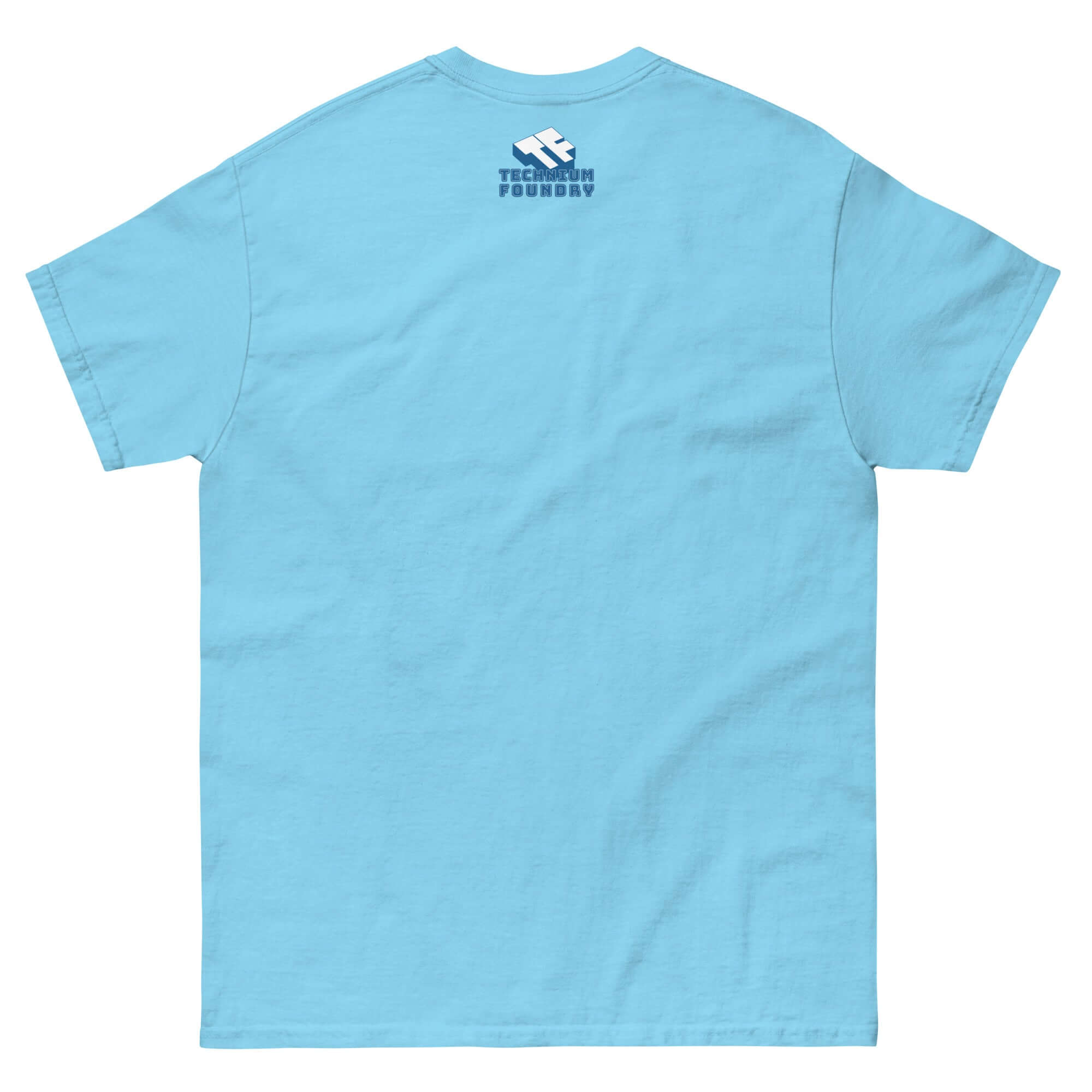 Back view of light blue T-shirt featuring technology-inspired design for drone and physics enthusiasts.