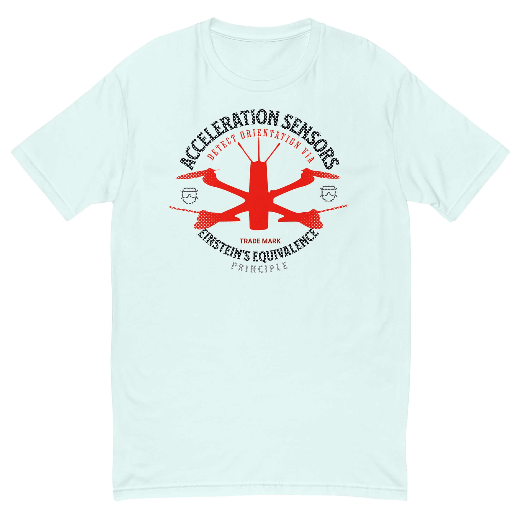 Acceleration Sensors T-Shirt with Einstein's Equivalence Principle design, perfect for physics enthusiasts and science geeks.