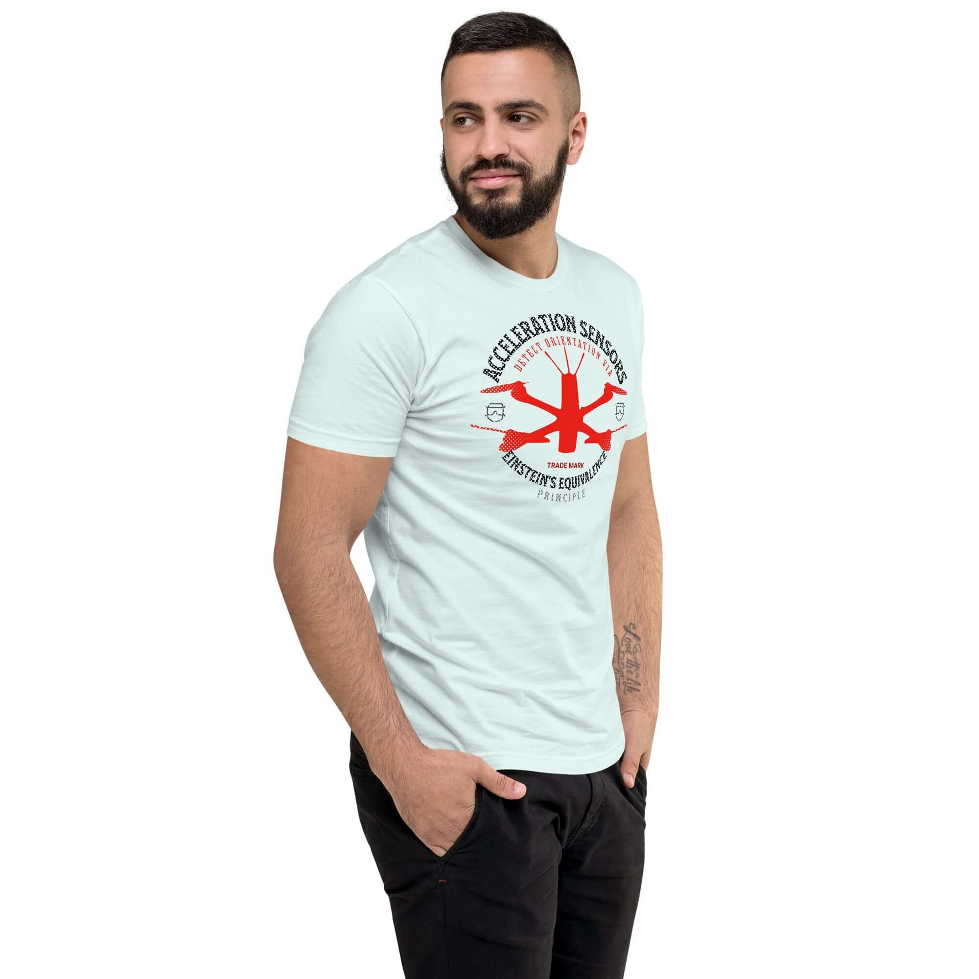 Man wearing Acceleration Sensors T-shirt featuring Einstein's Equivalence Principle in a playful design.
