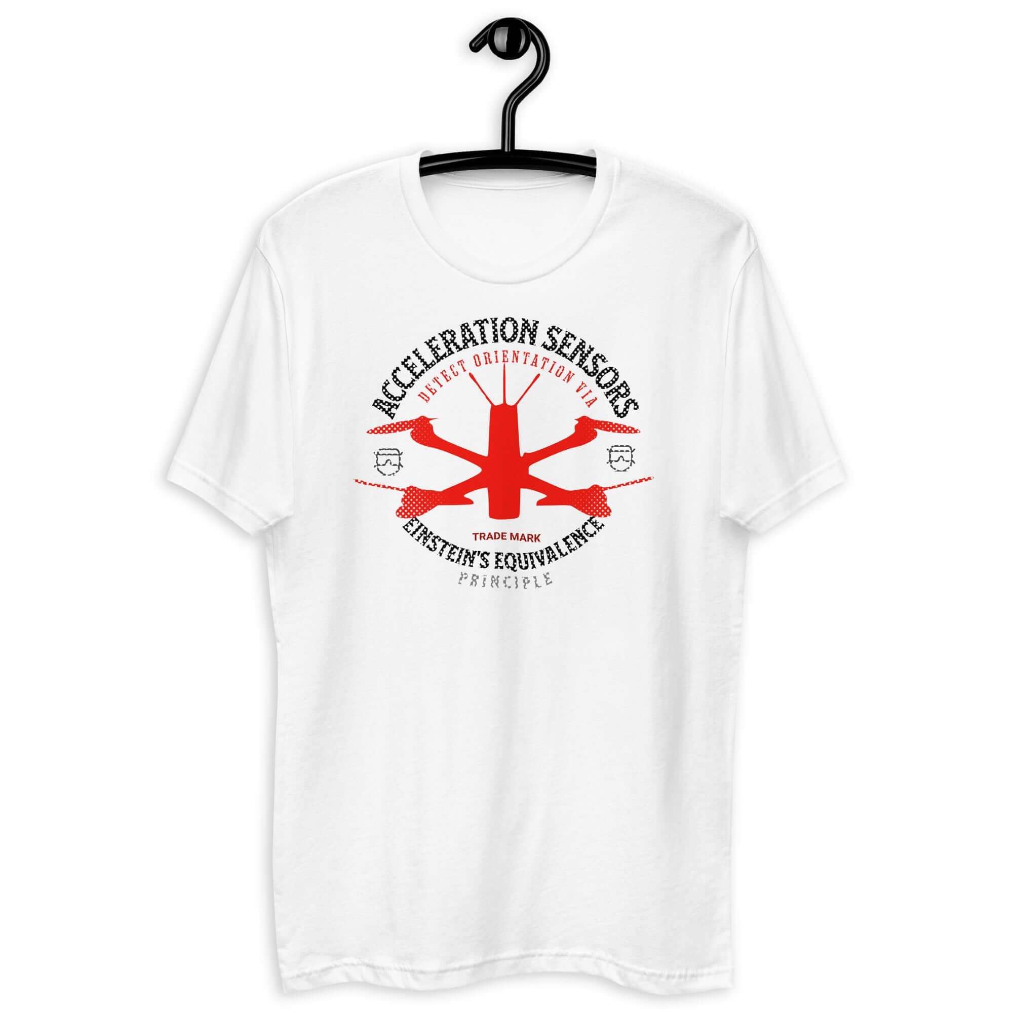 White t-shirt with red graphic illustrating Acceleration Sensors and Einstein’s Equivalence Principle.