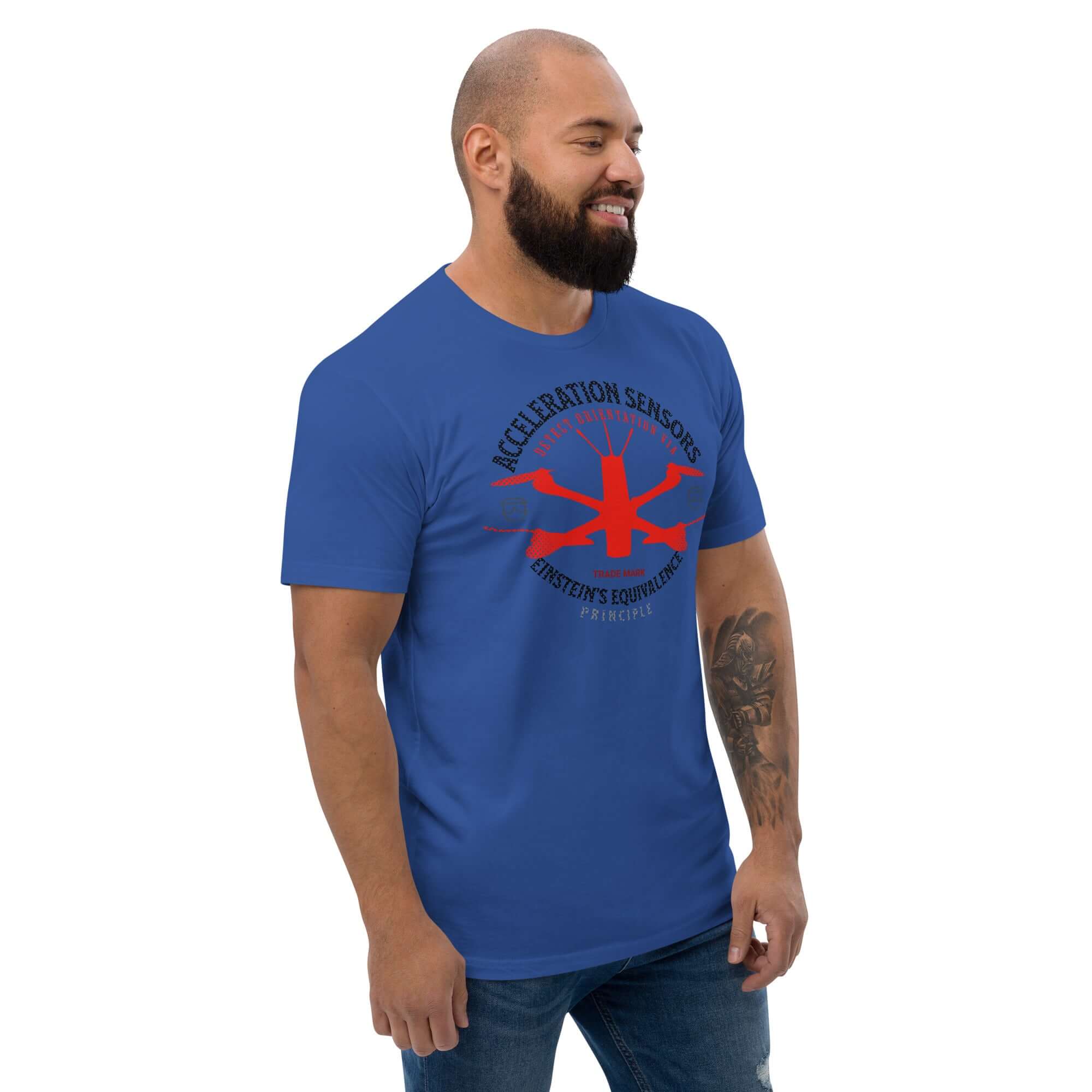 Acceleration Sensors T-Shirt with Einstein's Equivalence Principle design, featuring a red quadcopter graphic on a blue shirt