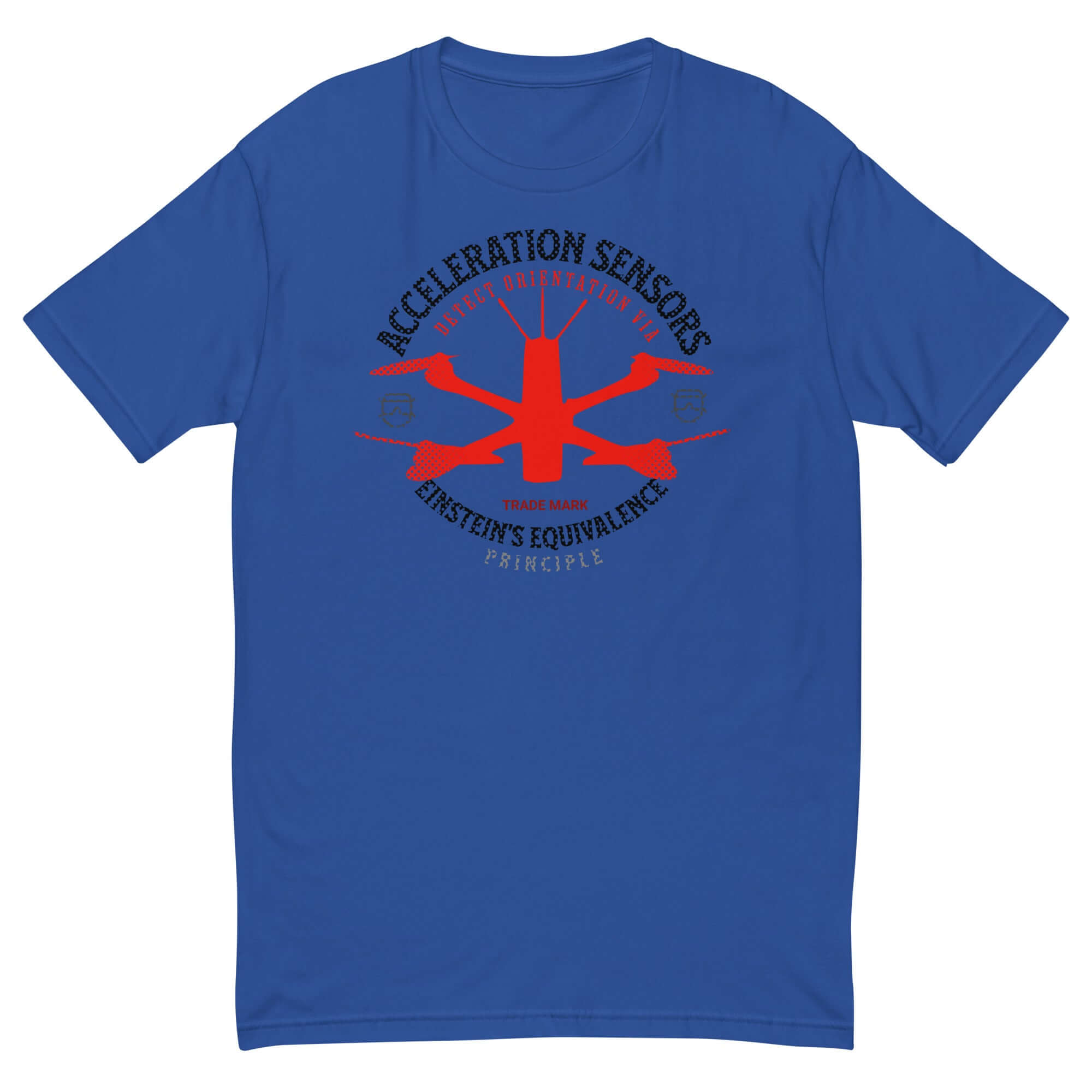 Blue T-shirt with red design showcasing Acceleration Sensors and Einstein's Equivalence Principle for physics enthusiasts.