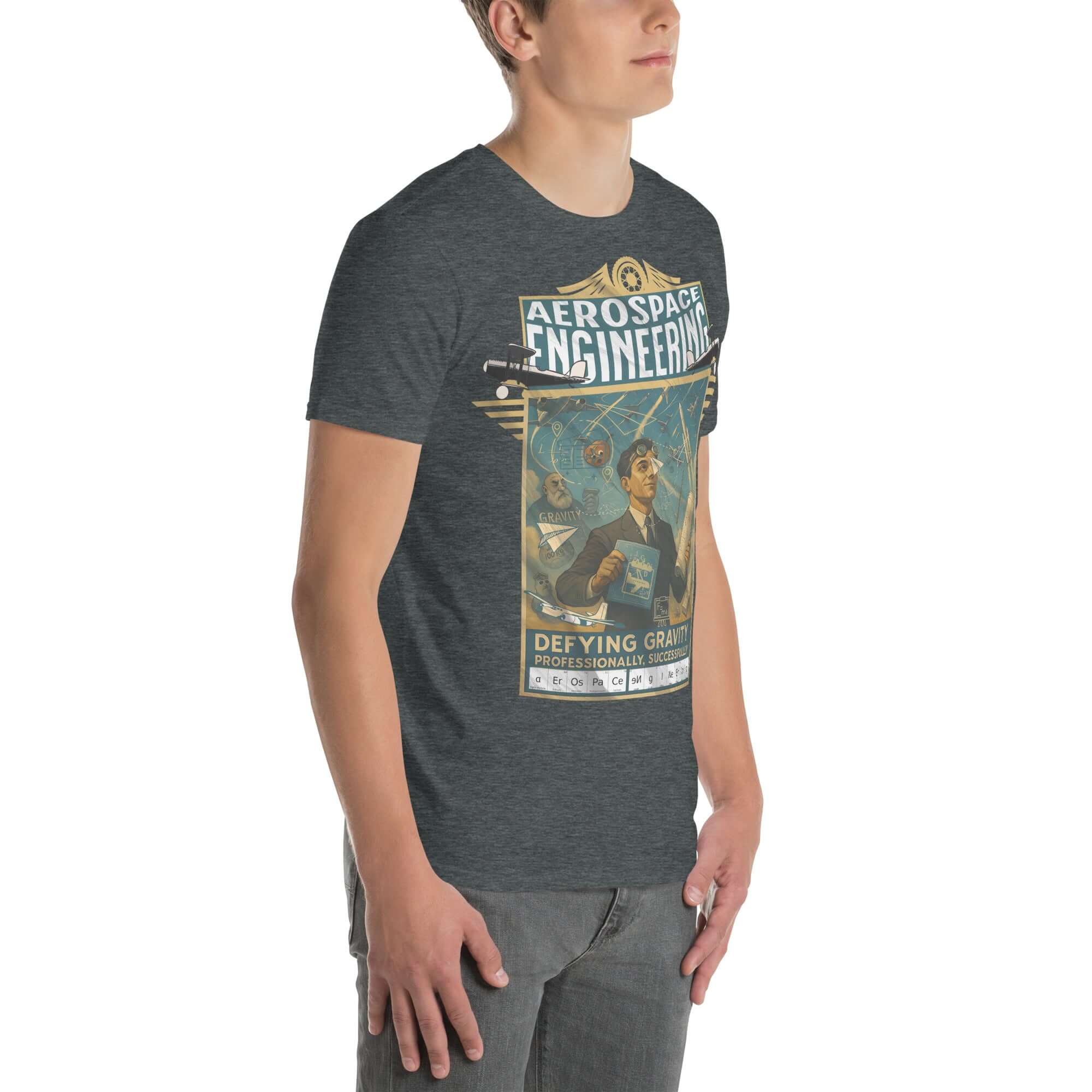 Aerospace Engineering T-Shirt with vintage aviation design, celebrating defying gravity professionally; man wearing the shirt, side view.