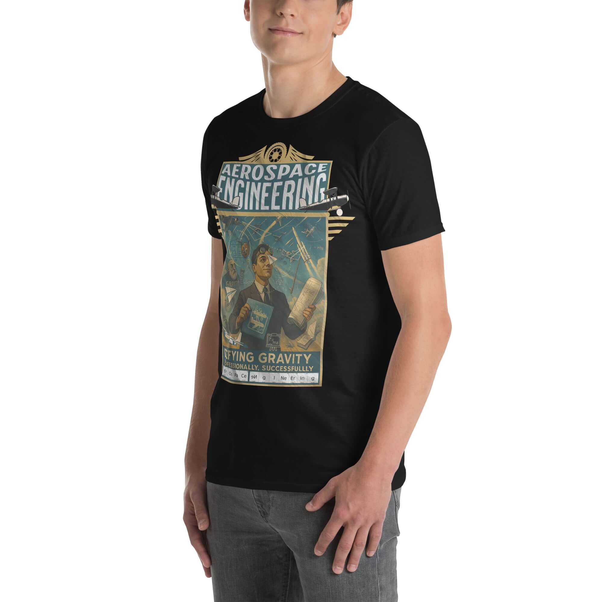 Man wearing Aerospace Engineering T-Shirt with vintage aviation design, celebrating defying gravity professionally and successfully.