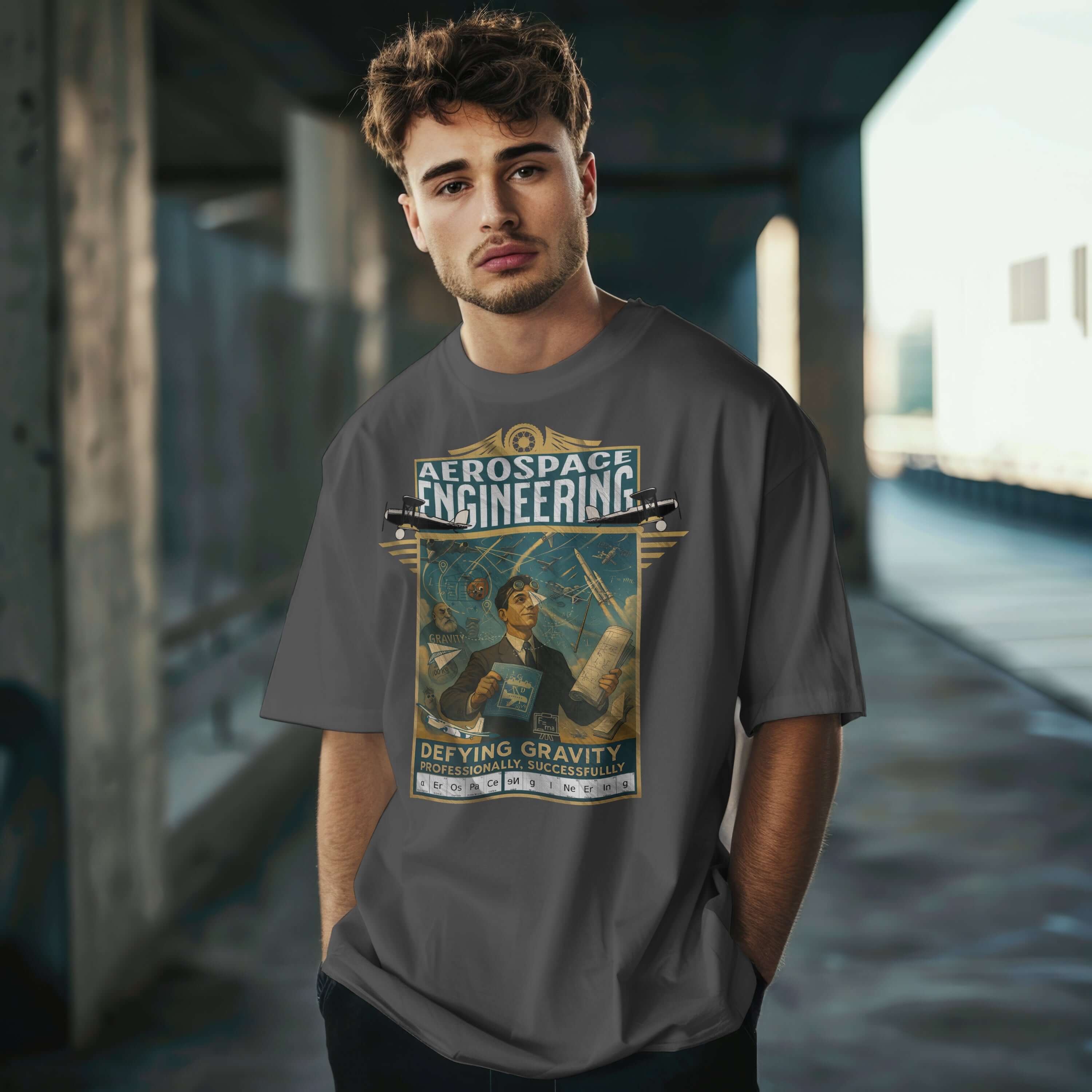 Man wearing Aerospace Engineering T-Shirt with vintage aviation design, showcasing defying gravity theme, standing in urban setting.