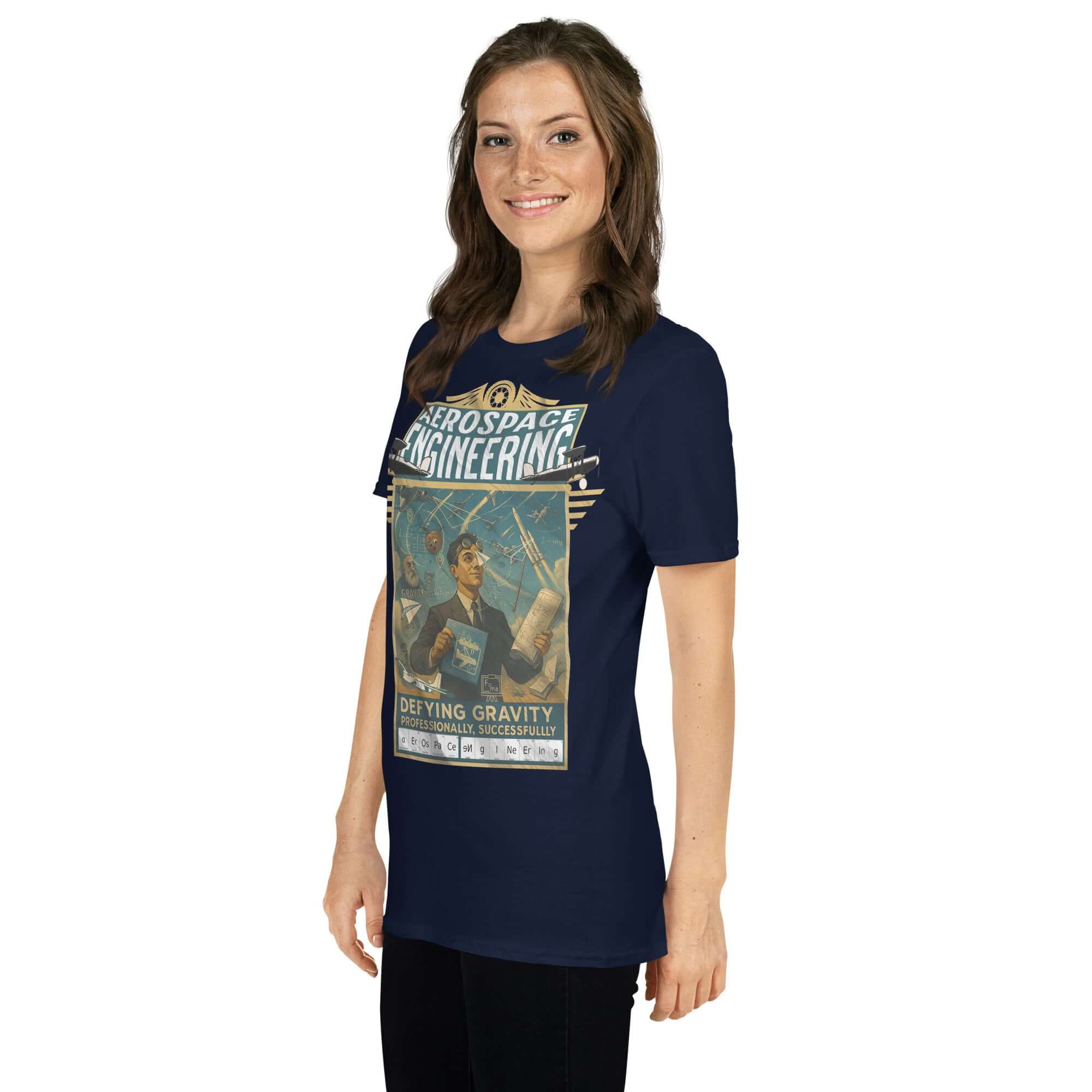 Aerospace Engineering T-shirt featuring vintage design and text 'Defying Gravity Professionally, Successfully', worn by a smiling person.