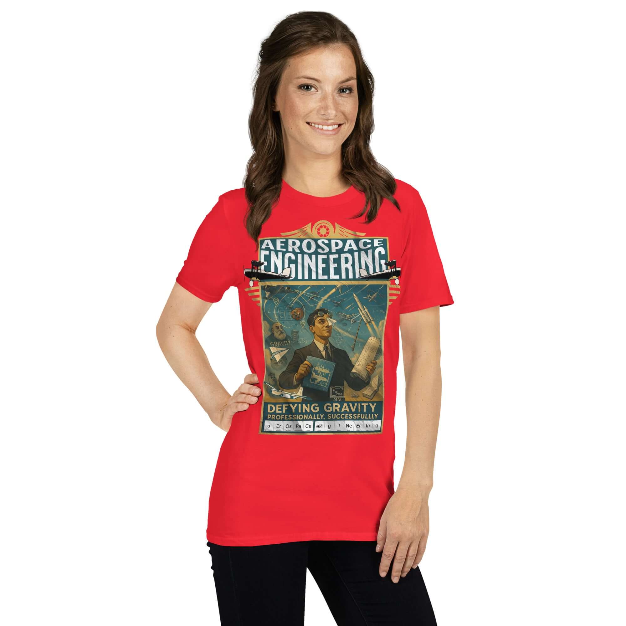 Woman wearing red Aerospace Engineering T-shirt with vintage aviation design and "Defying Gravity Professionally, Successfully" text.