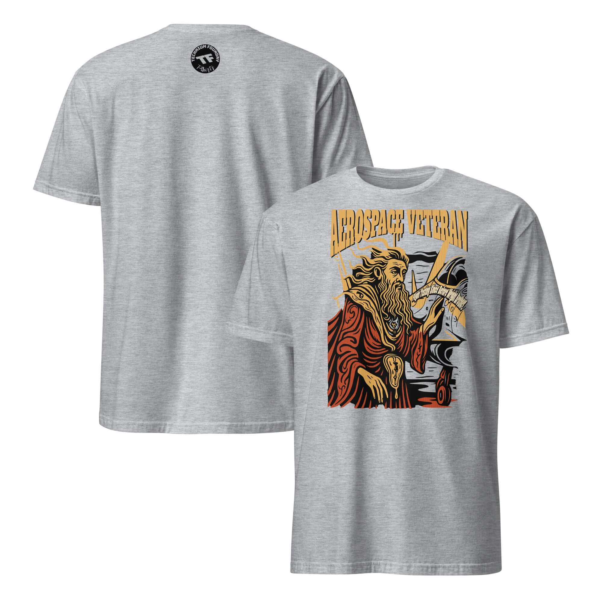 Aerospace Veteran T-Shirt featuring a bearded flight test specialist, aviation themed design on gray fabric.