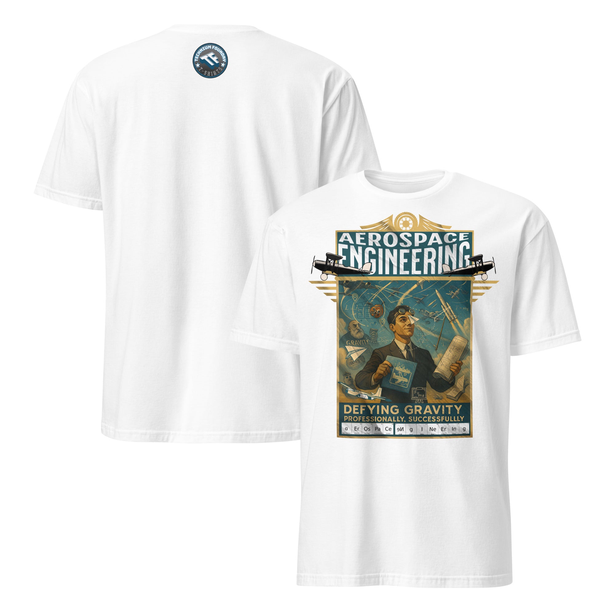 Alt Tag: Aerospace Engineering T-Shirt with vintage aviation design celebrating defying gravity, for passionate professionals.