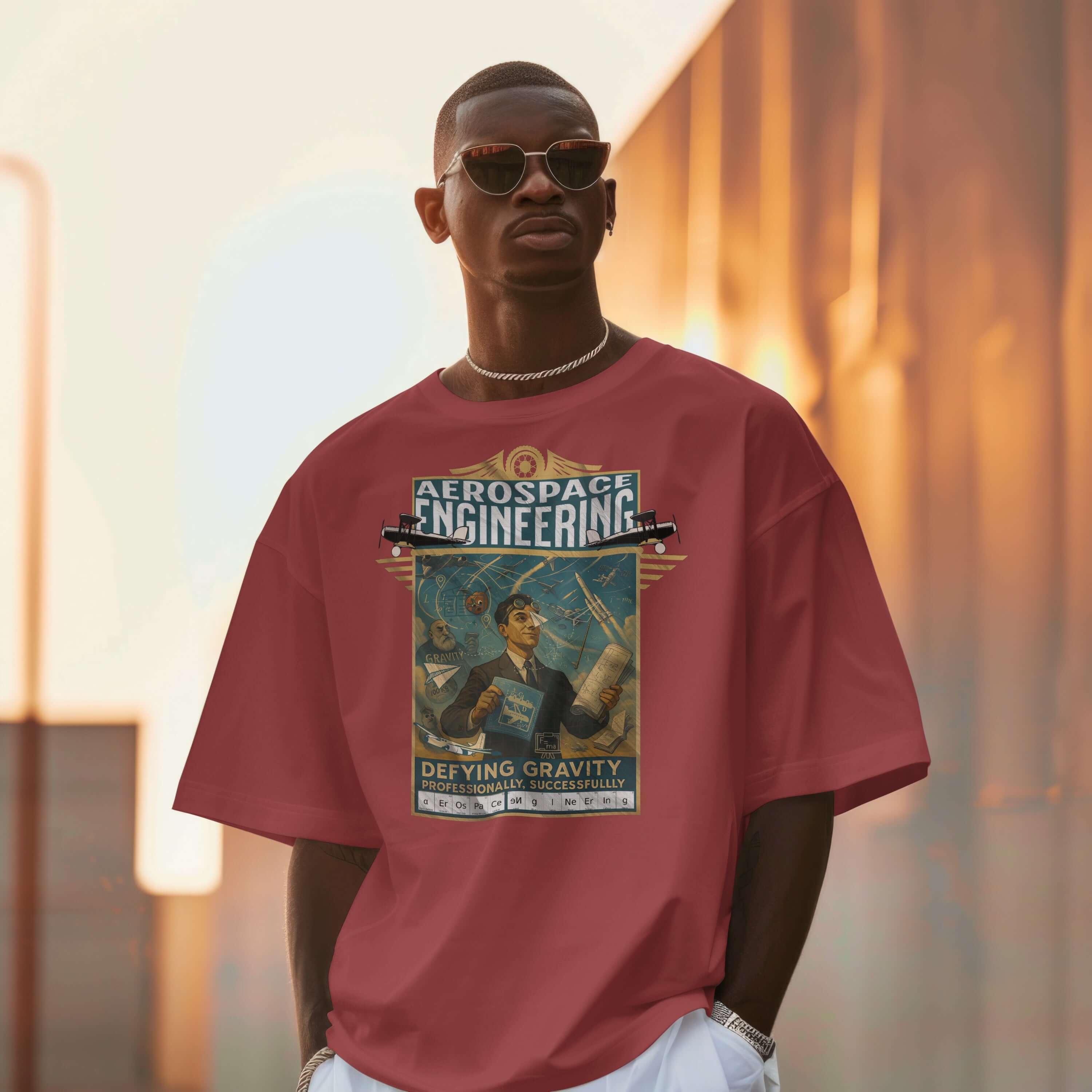 Man wearing an Aerospace Engineering T-Shirt with vintage aviation design promoting defying gravity successfully.