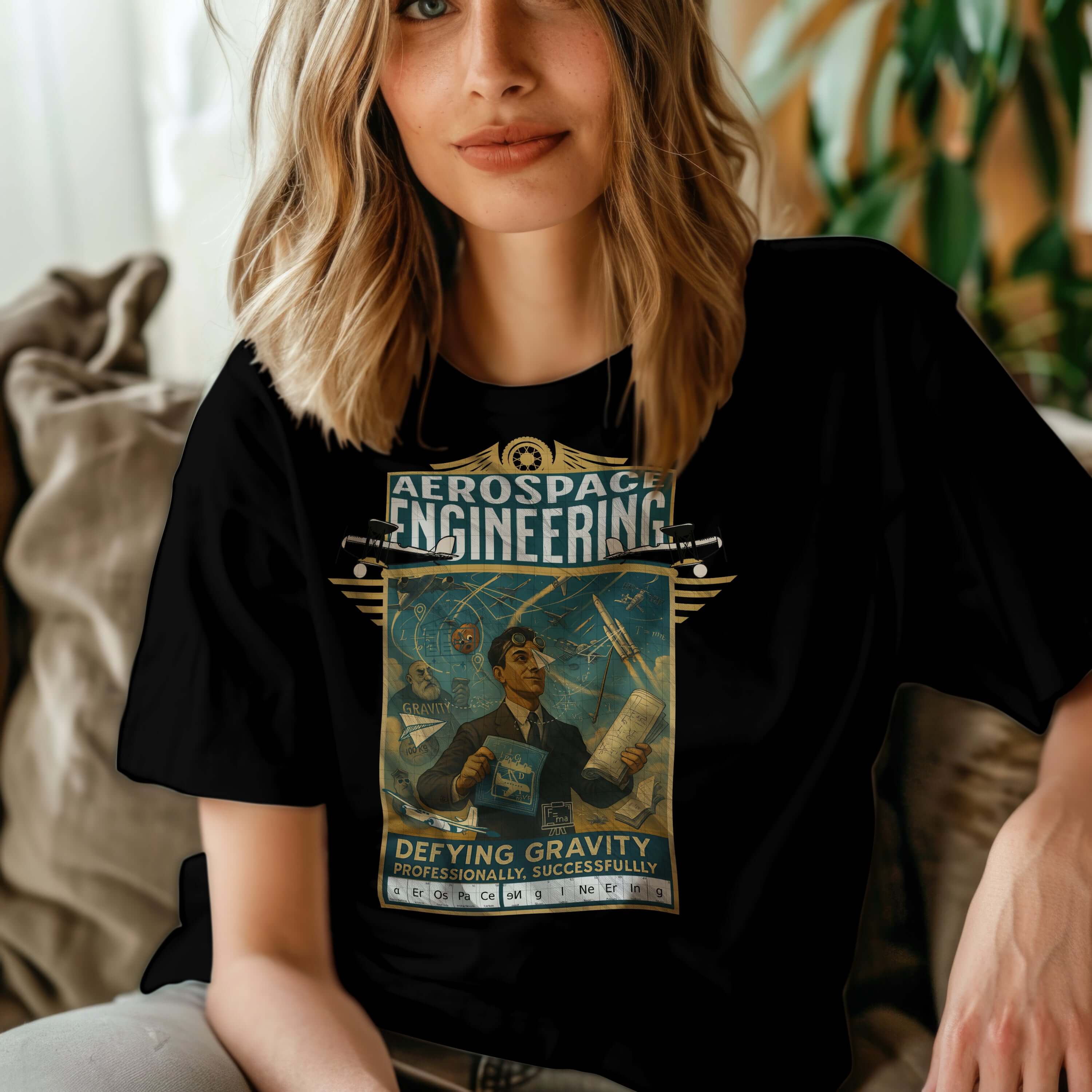 Woman wearing an Aerospace Engineering T-Shirt with a vintage aviation design, celebrating defying gravity professionally and successfully.