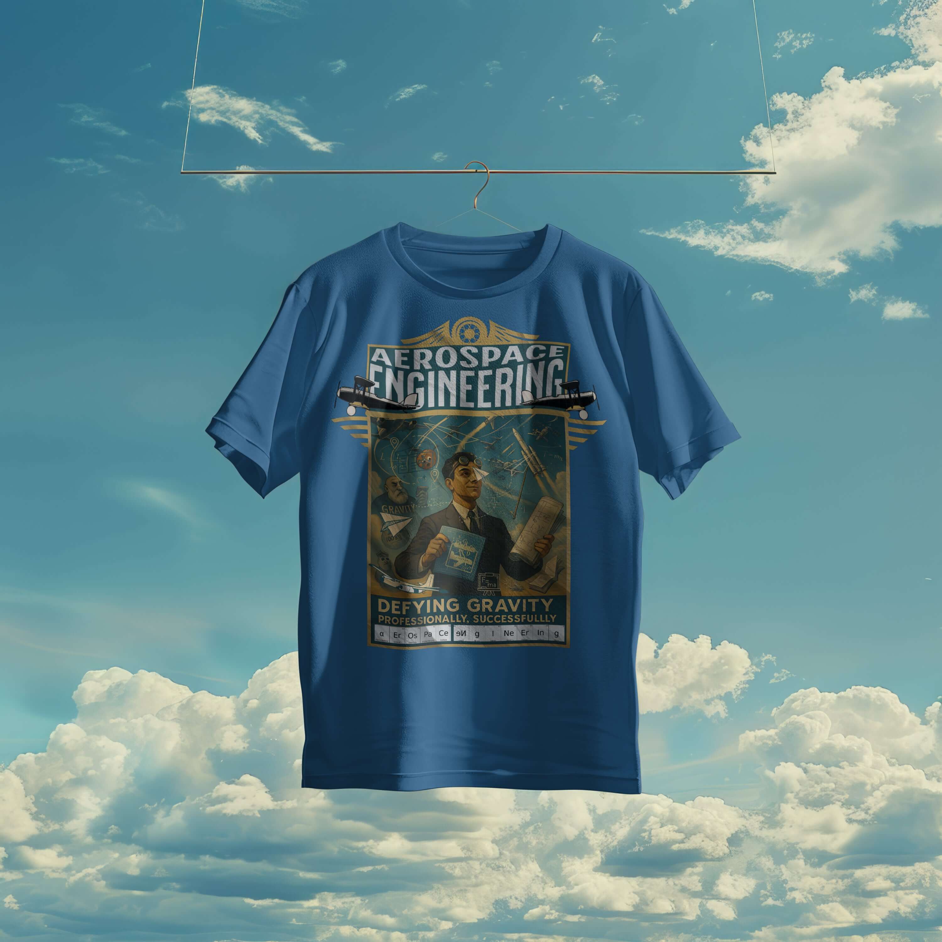 Aerospace Engineering T-Shirt with vintage aviation design, celebrating defying gravity professionally and successfully against a blue sky.