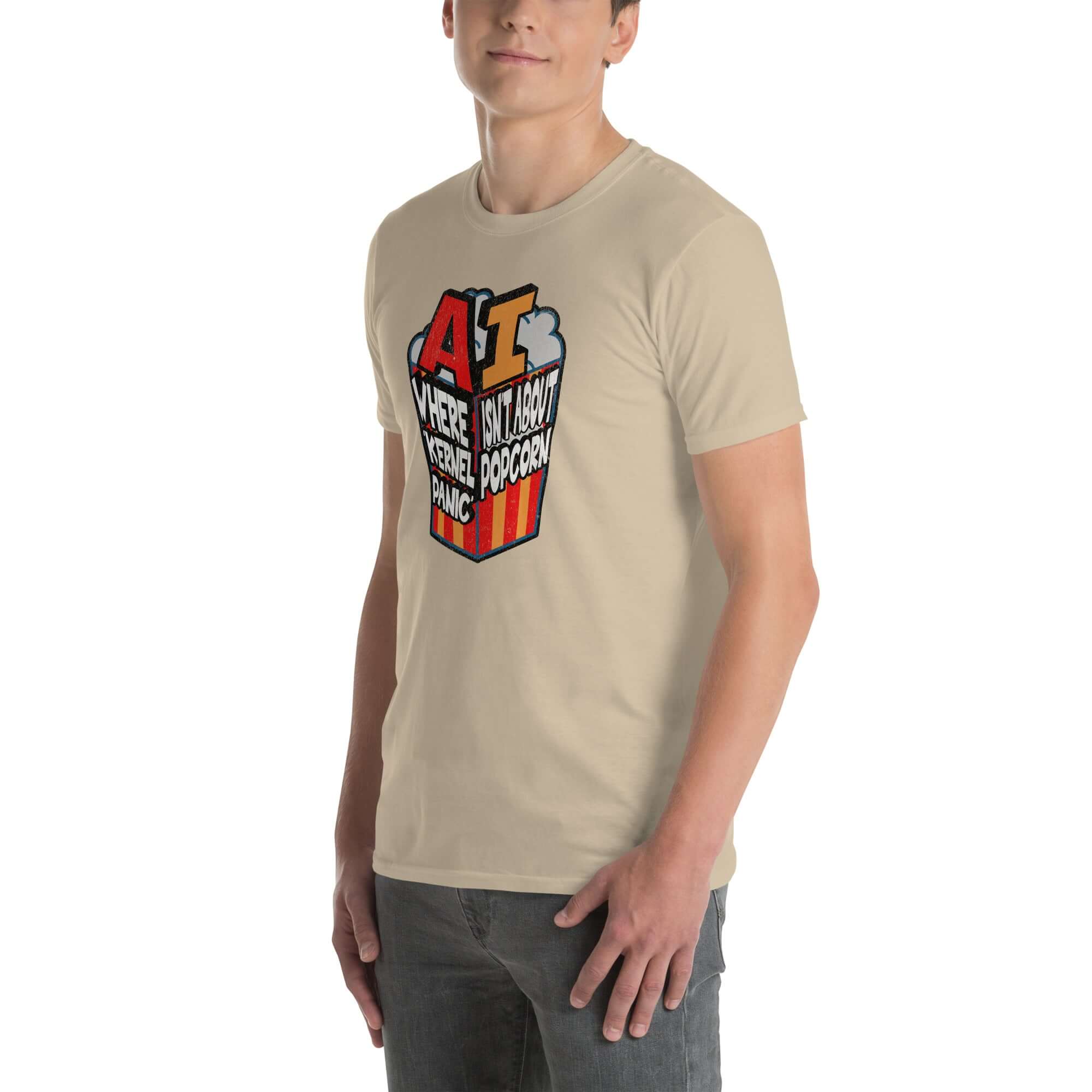 AI: Where Kernel Panic Isn't About Popcorn T-Shirt, beige color, featuring computer humor with popcorn design.