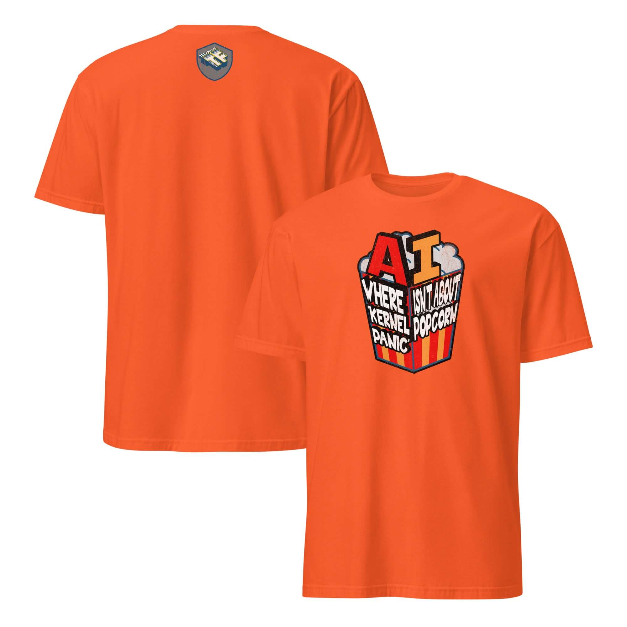 Orange "AI: Where Kernel Panic Isn't About Popcorn" t-shirt, featuring a popcorn box with tech humor design.