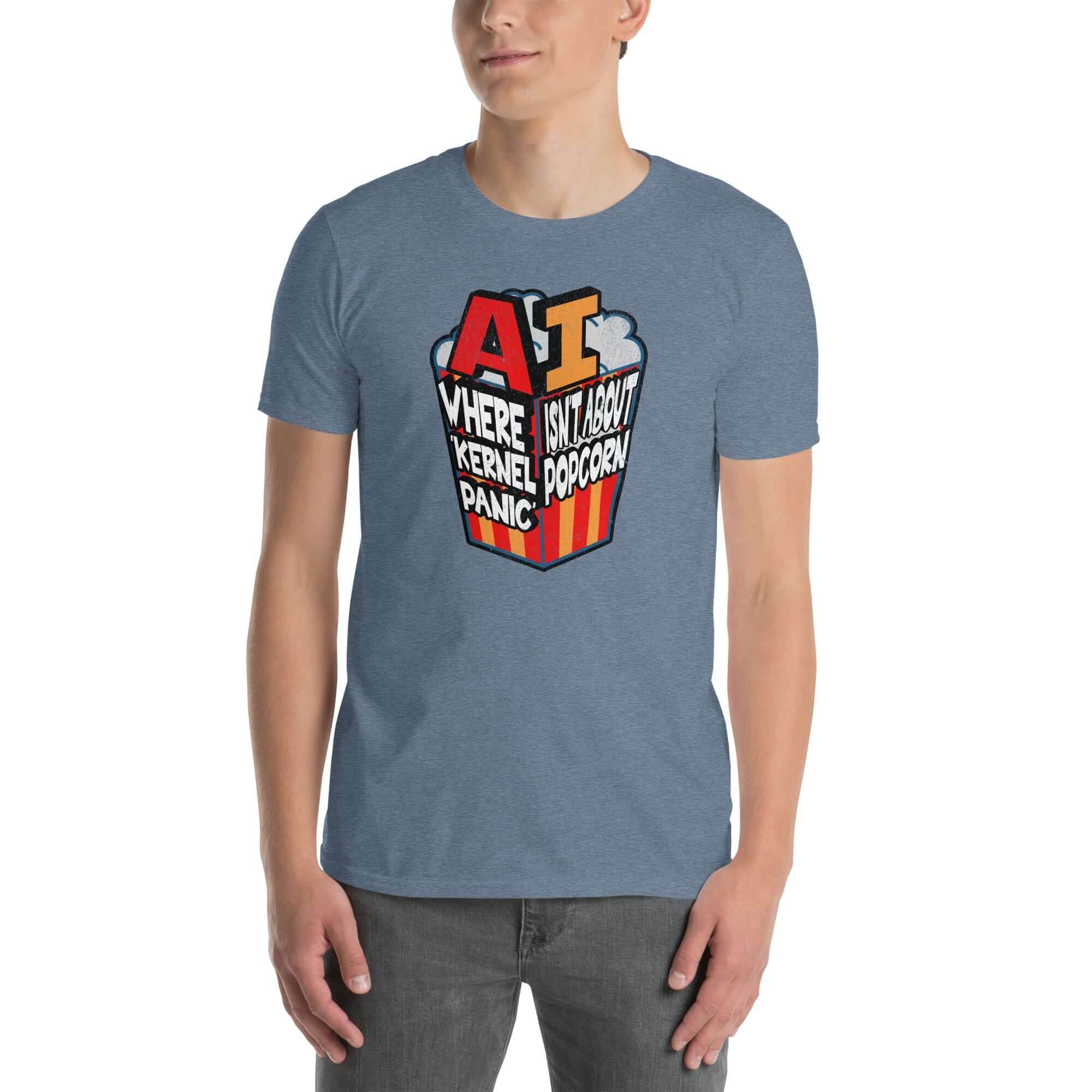 AI Kernel Panic Computer Humor T-Shirt with Popcorn Design