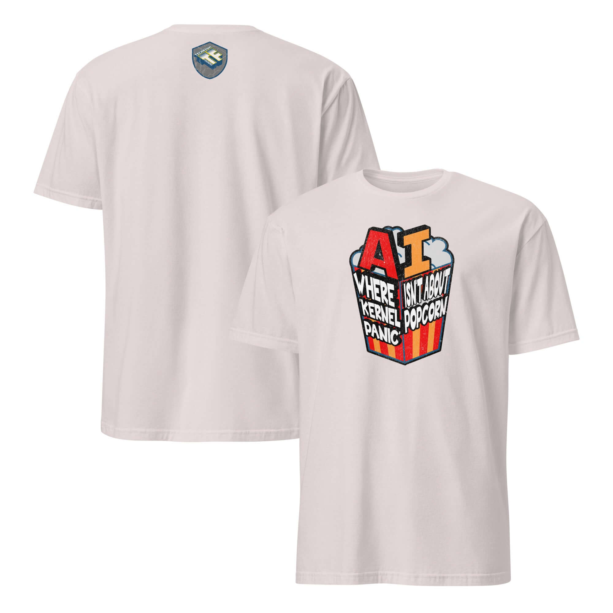 AI kernel panic t-shirt featuring popcorn design and tech humor, perfect for computer enthusiasts and programmers.
