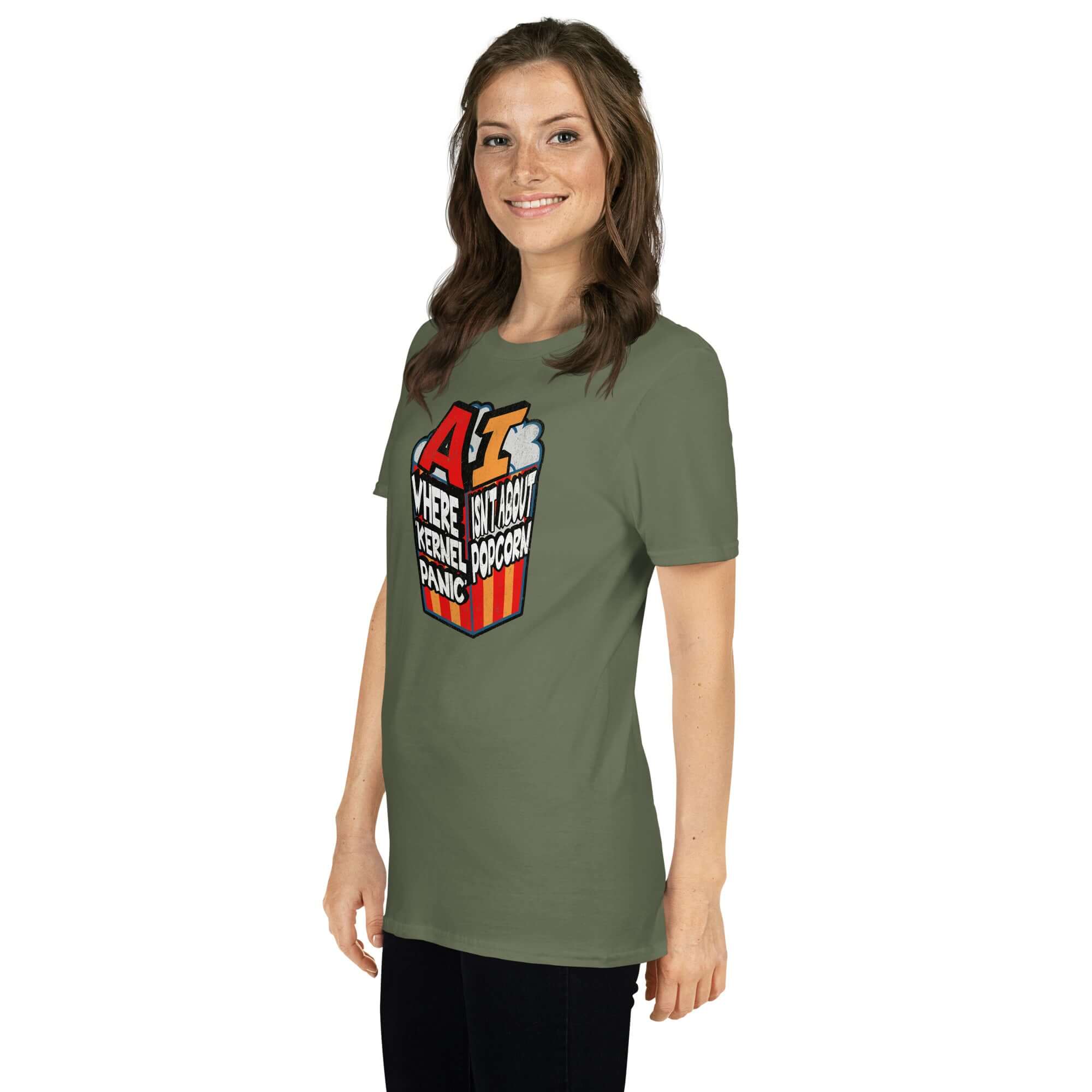 Woman wearing AI "Kernel Panic" t-shirt with popcorn graphic, highlighting computer humor and tech-savvy style.