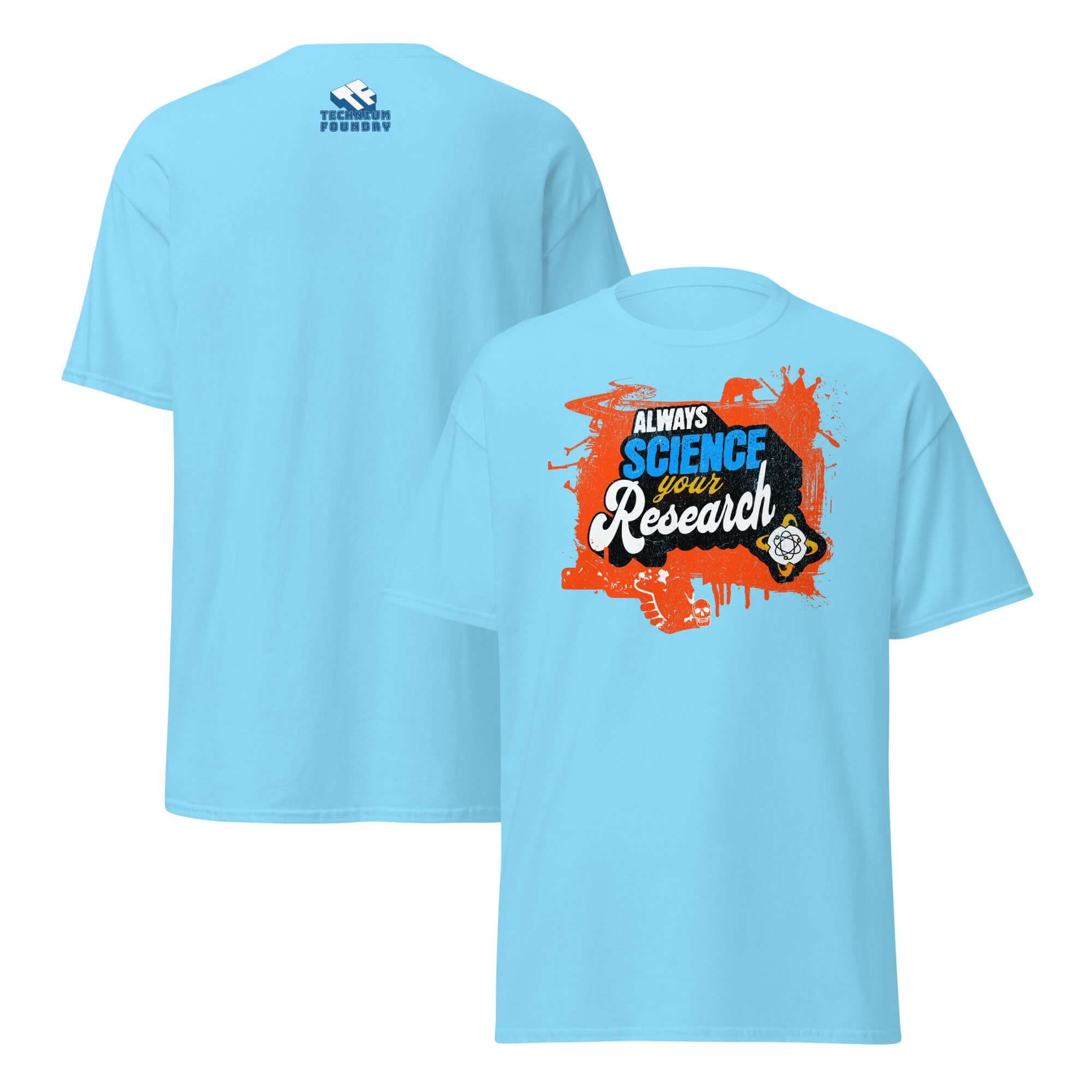 Electric blue 'Always Science Your Research' t-shirt with bold typography on a vibrant splash design, ideal for science enthusiasts.