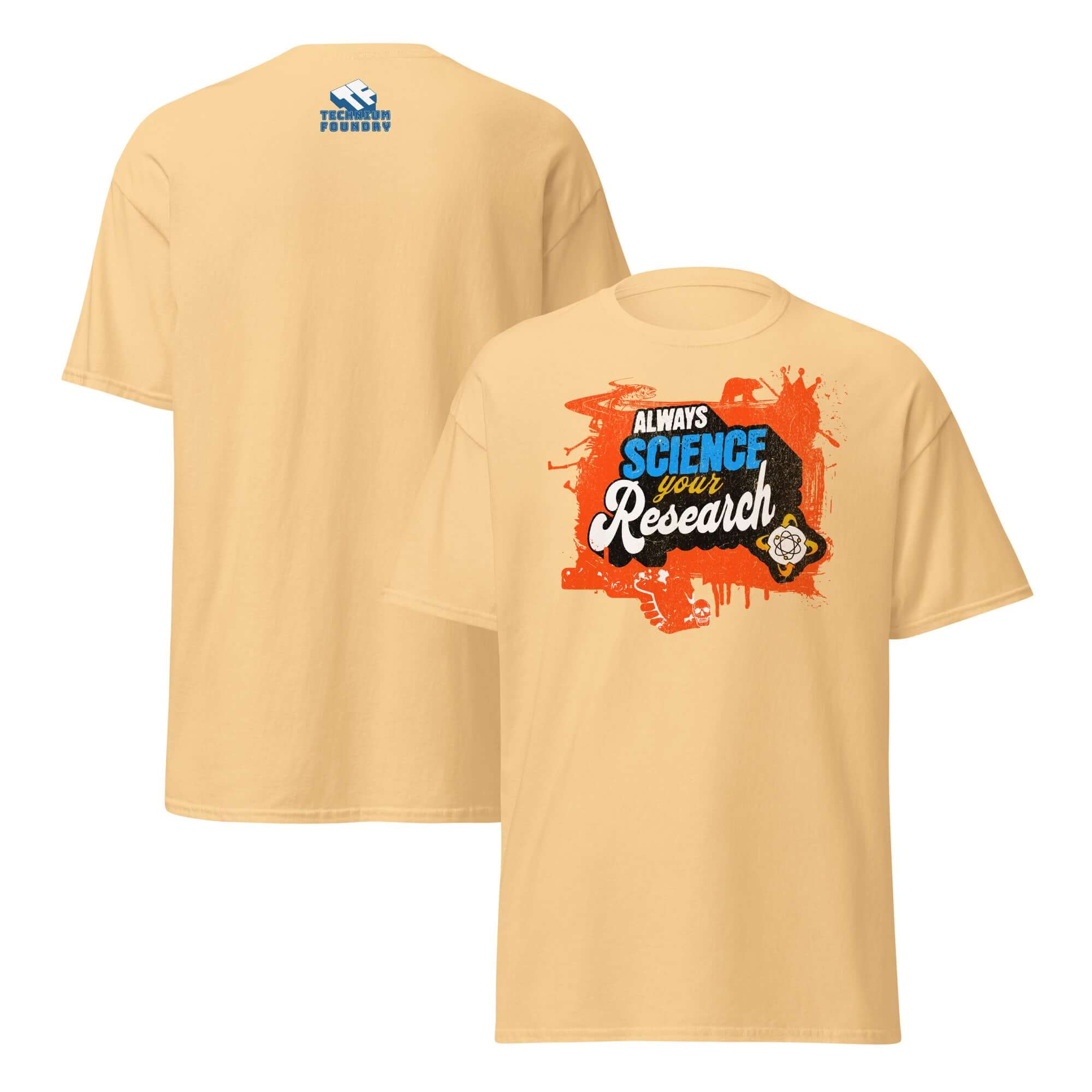 "Always Science Your Research" t-shirt featuring bold electric blue and elegant script design on a vibrant, scientific method-inspired tee.