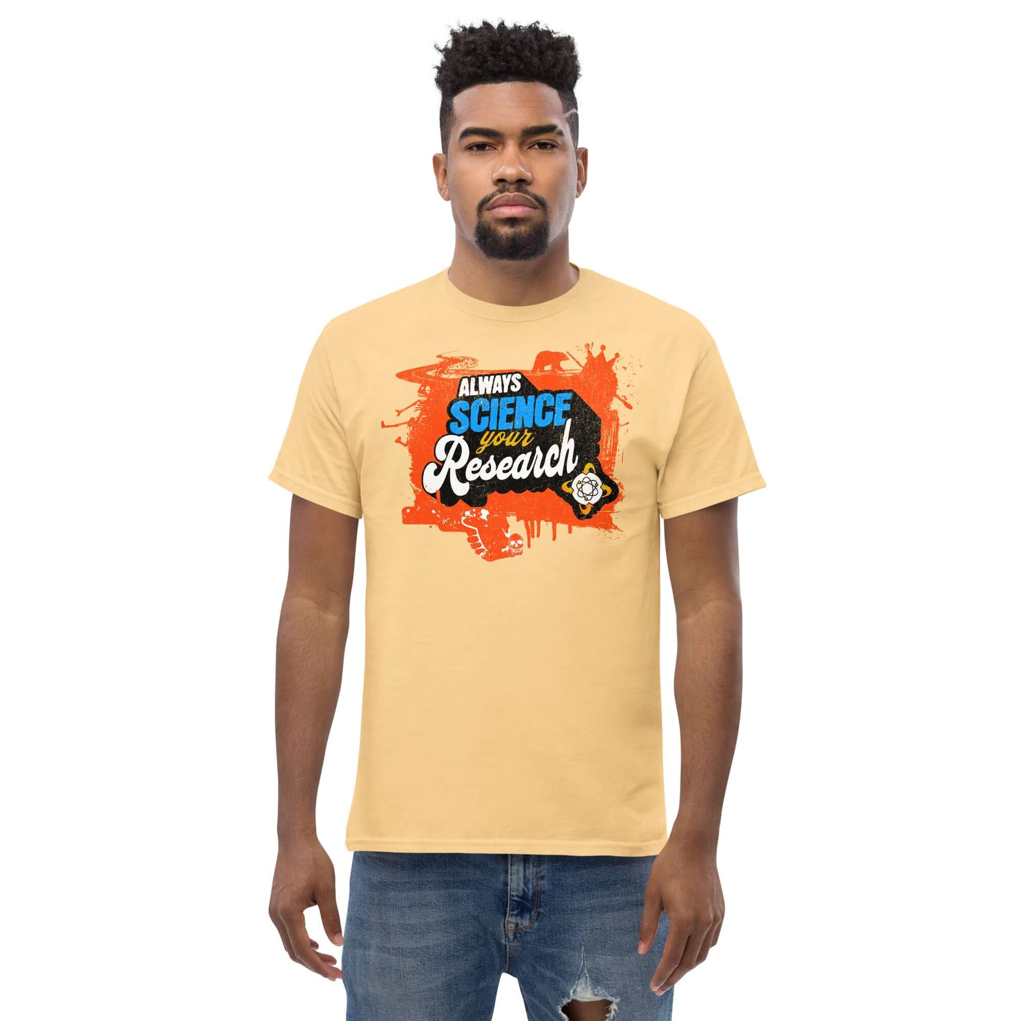 Man wearing "Always Science Your Research" t-shirt, electric blue and script design, scientific method apparel.