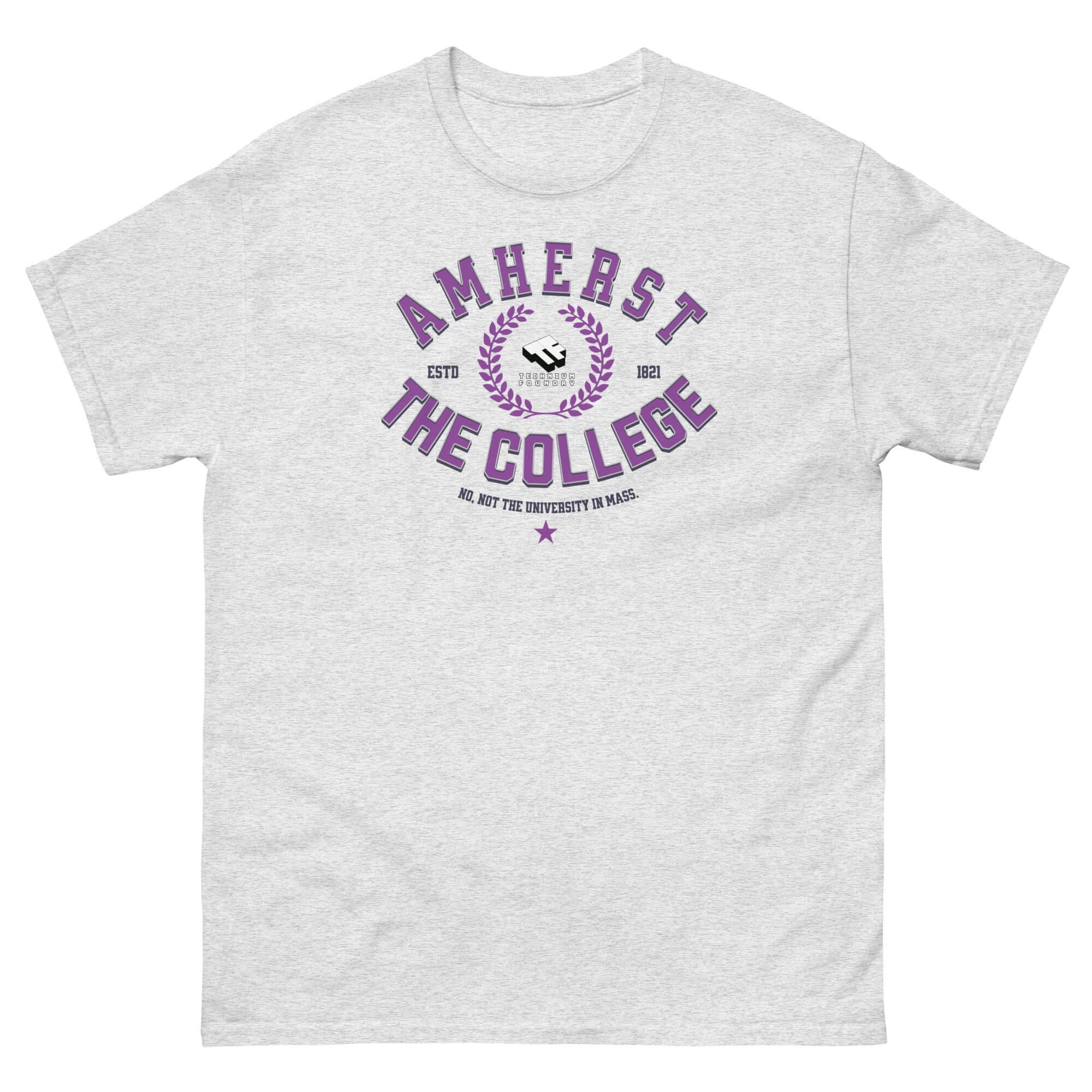 Amherst Clarification T-Shirt featuring "THE COLLEGE" printed in purple, not the university in Massachusetts, on a cream cotton blend.