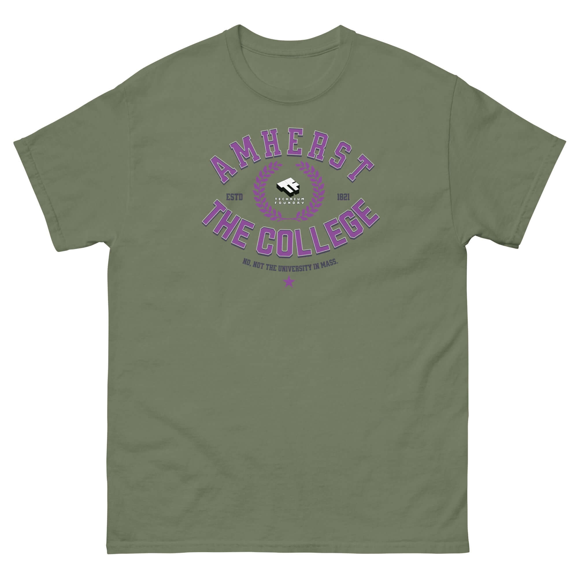 Amherst Clarification T-Shirt, cream color with purple text: 'Amherst: THE COLLEGE (No, Not the University in Mass.)'