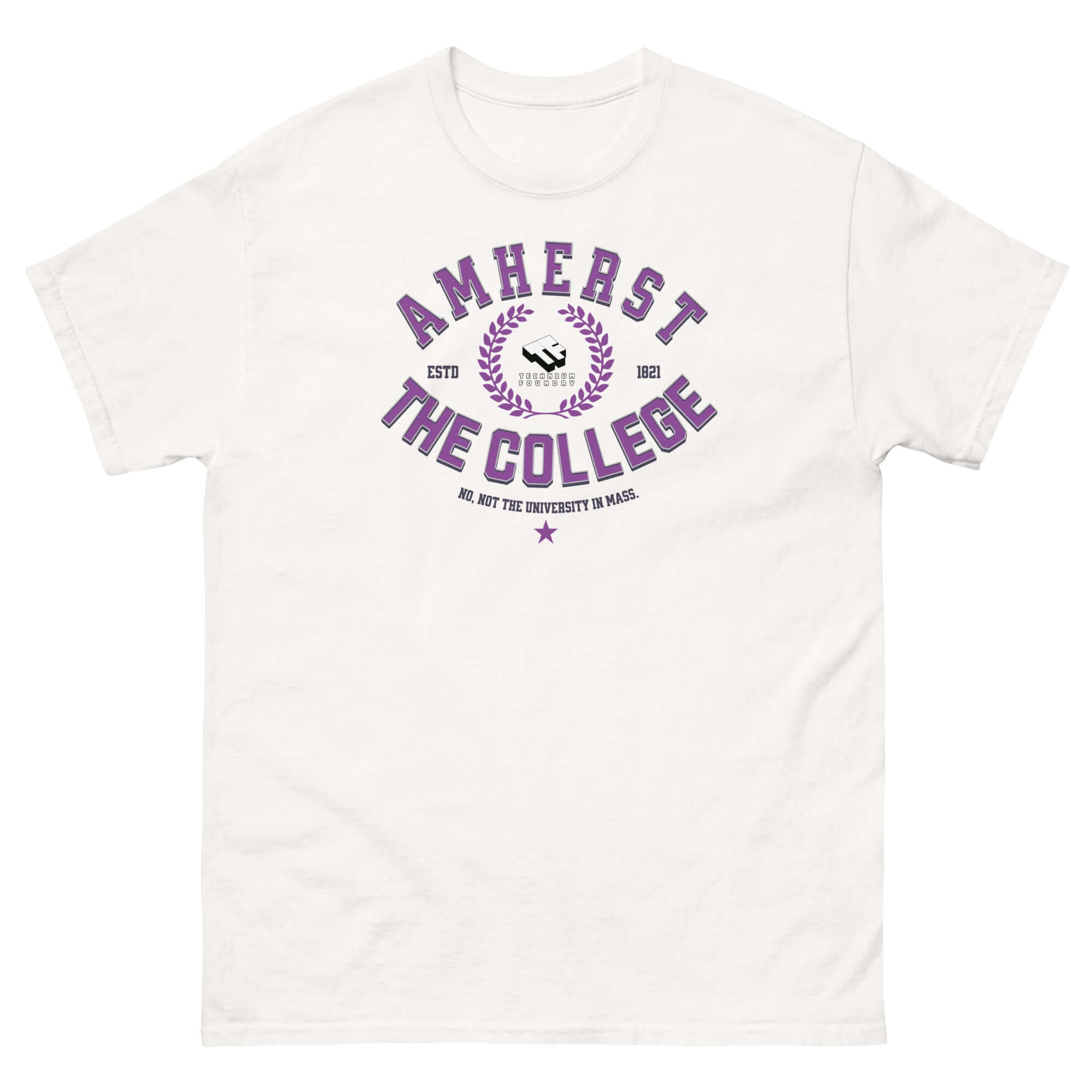 Amherst: THE COLLEGE T-Shirt in cream with purple print, stating "Not the University in Mass," highlighting college identity.