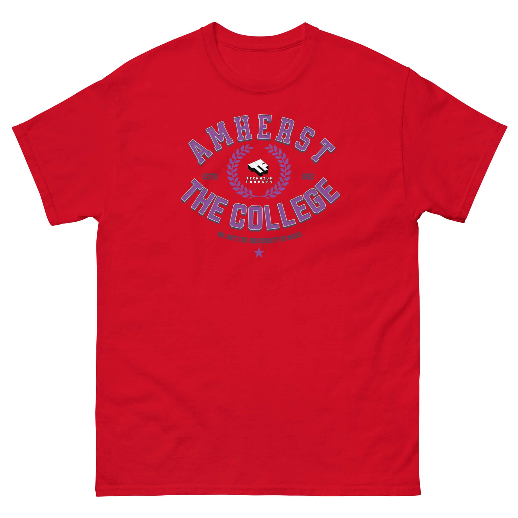 Red T-shirt featuring Amherst The College slogan with playful typography, highlighting identity crisis theme.