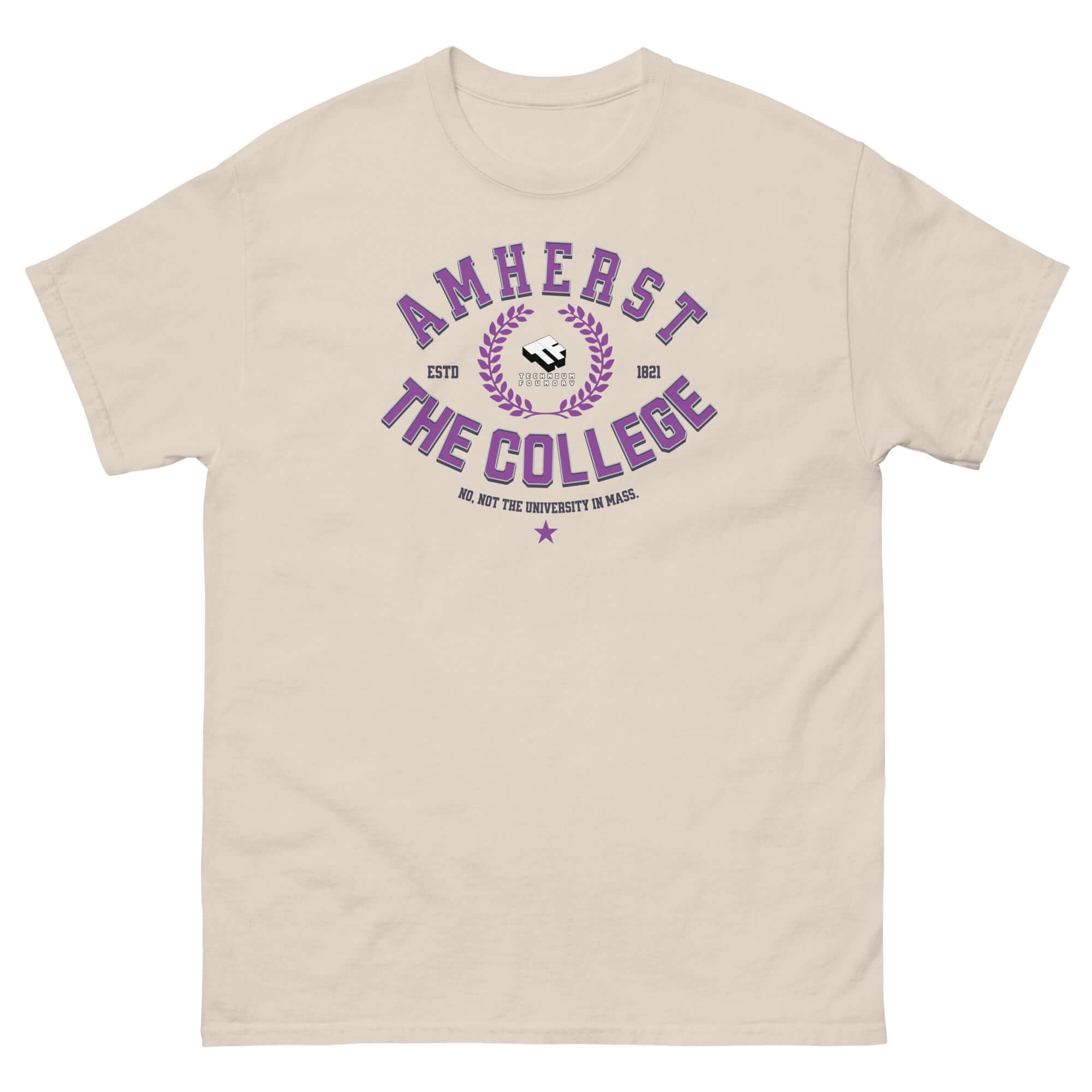 Cream T-shirt with 'Amherst: THE COLLEGE' in purple, highlighting the identity distinction from the university in Massachusetts.
