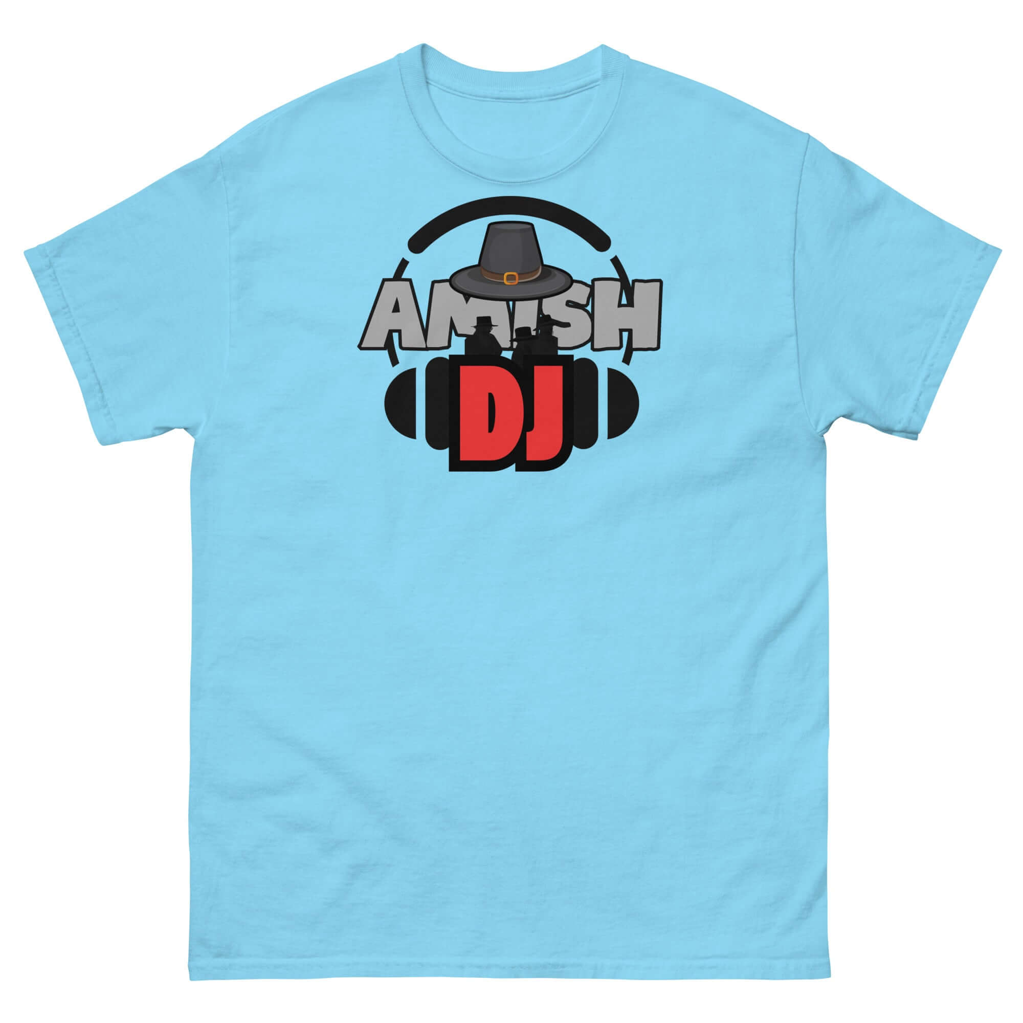 Amish DJ Tee featuring a comical design of a DJ mixing modern beats with traditional Amish themes on a light blue shirt.