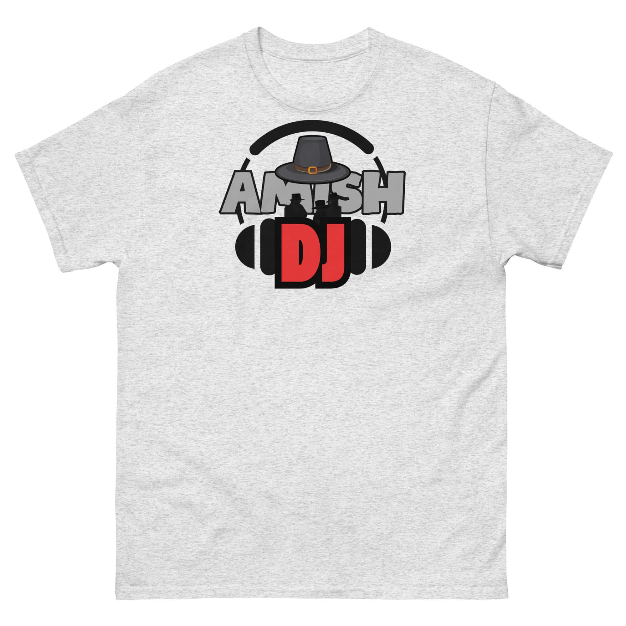 Amish DJ Tee featuring a graphic of Amish-themed DJ design with headphones and text 'Amish DJ' on a grey background shirt.