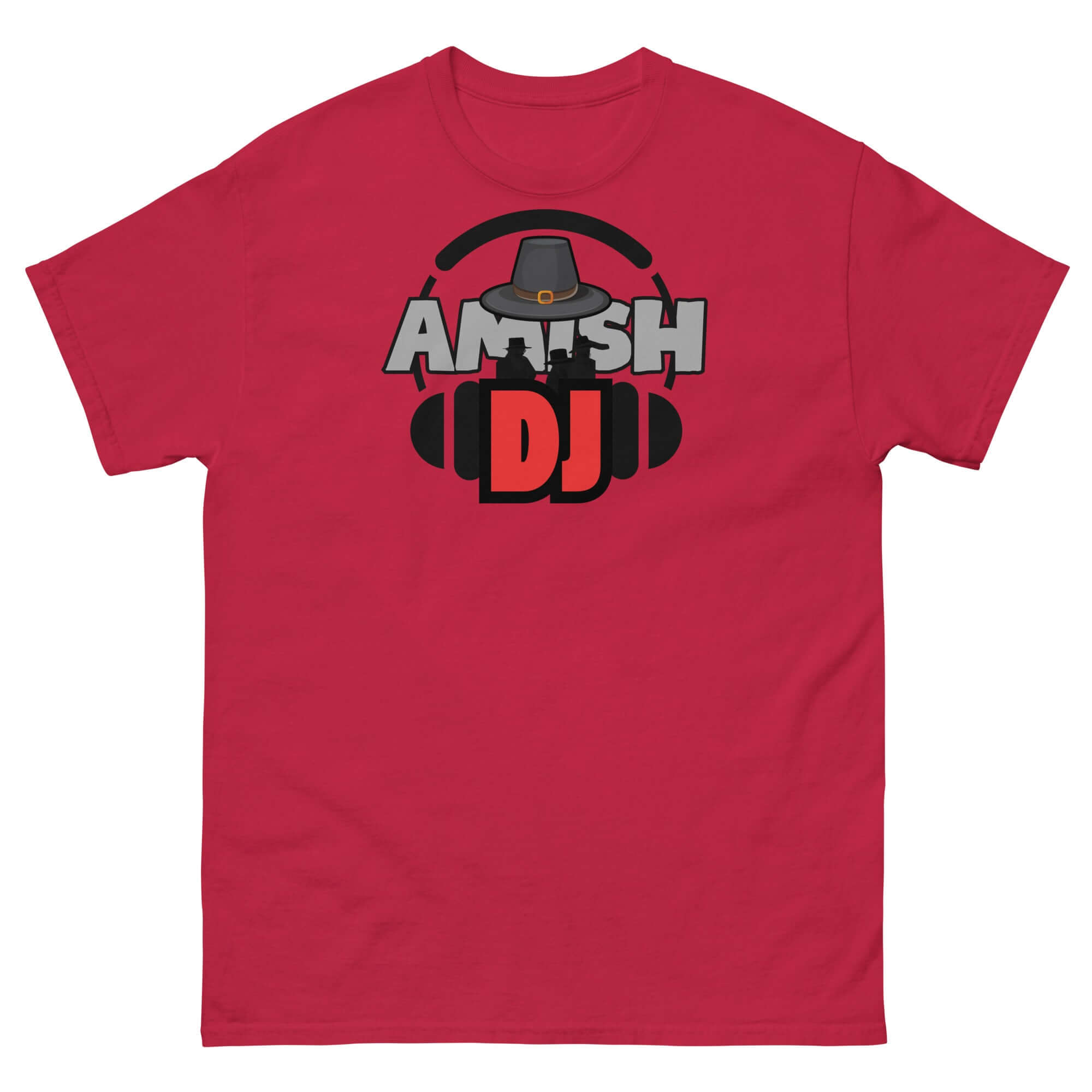 Red Amish DJ tee shirt with headphones graphic and bold 'Amish DJ' text, merging traditional Amish style with modern music vibes.