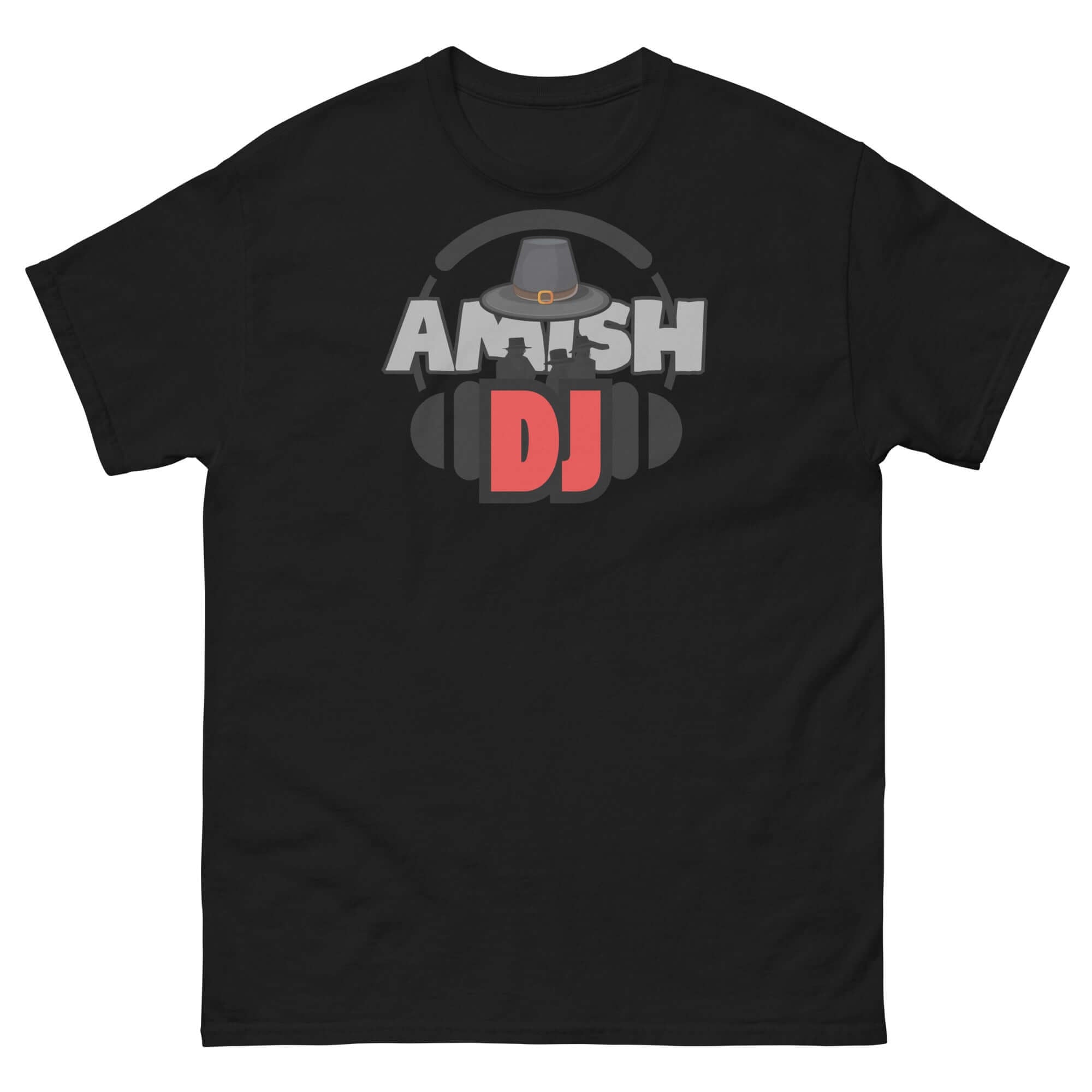 Amish DJ Tee featuring headphones and DJ hat design on a black shirt, blending traditional Amish culture with modern music vibes.