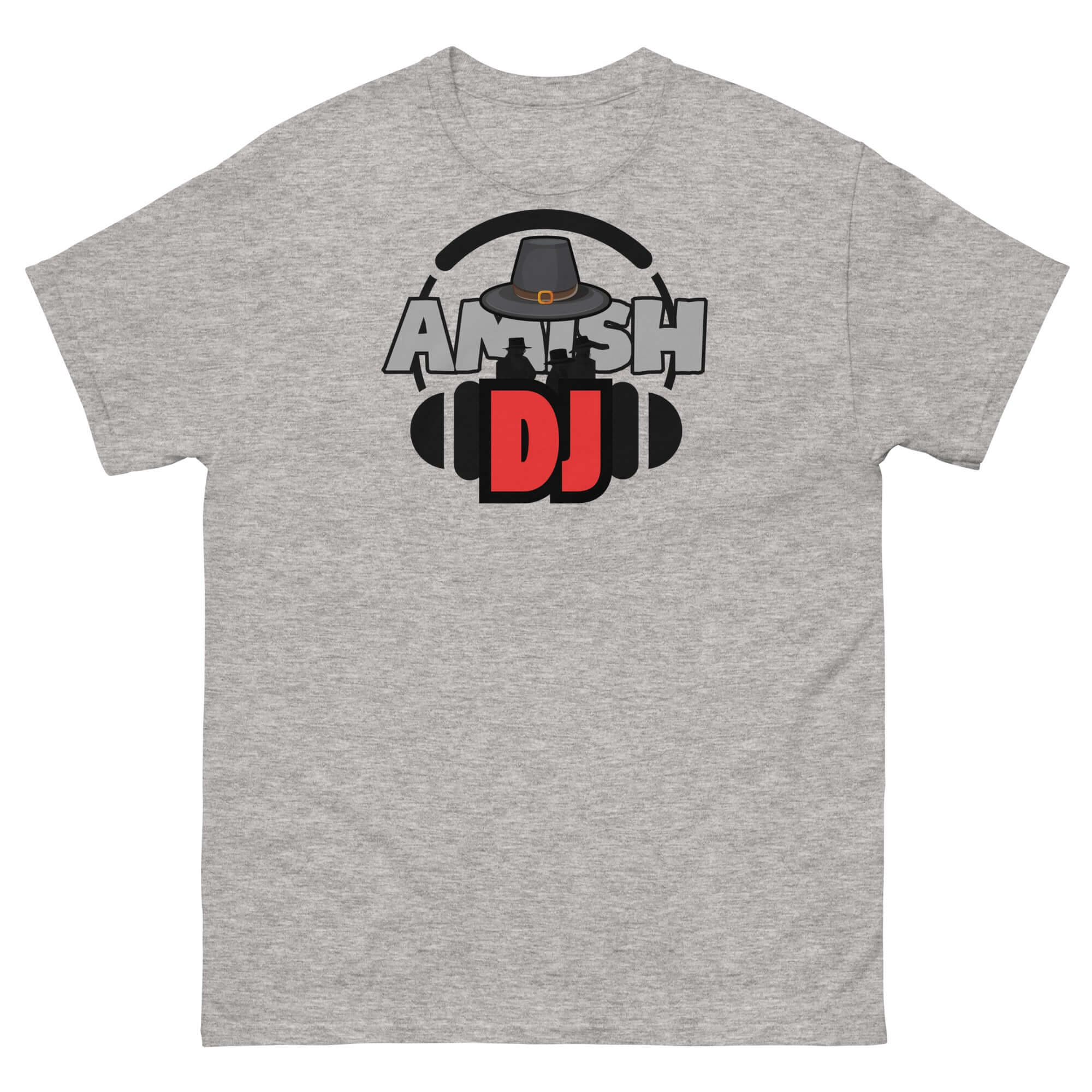 Amish DJ Tee with graphic of headphones and a hat, featuring humorous DJ theme. Perfect fusion of Amish culture and music.
