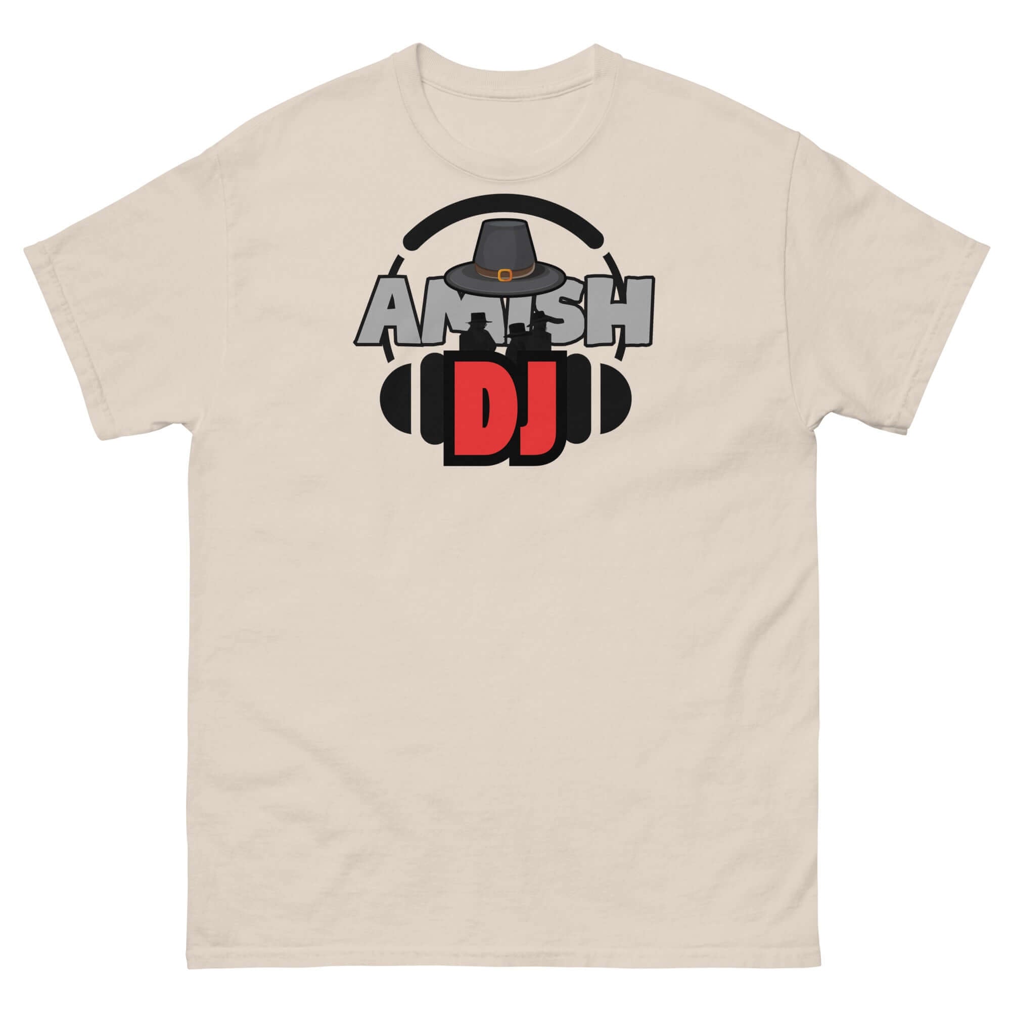 Amish DJ Tee featuring a quirky design blending Amish and DJ elements, ideal for music lovers and unique novelty shirt enthusiasts.