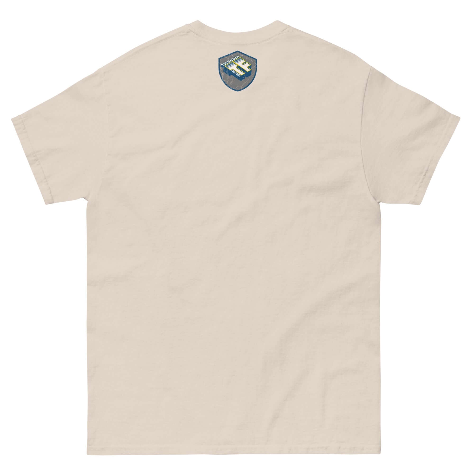 Back view of the "Amish DJ Tee" in beige, featuring a small logo at the top, combining traditional and modern design elements.