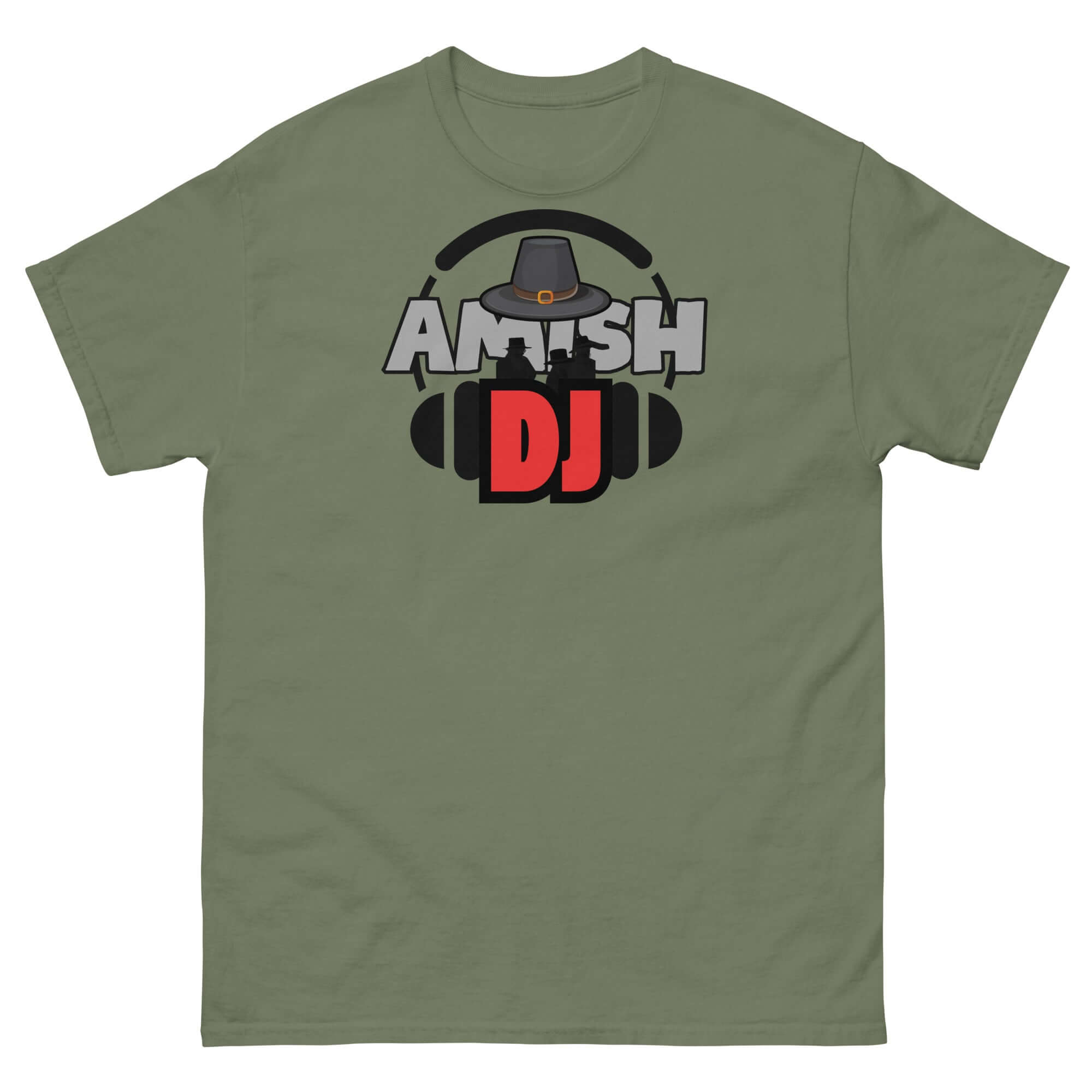 Green t-shirt featuring 'Amish DJ' with a DJ hat and headphones, blending Amish culture with modern remix vibes.
