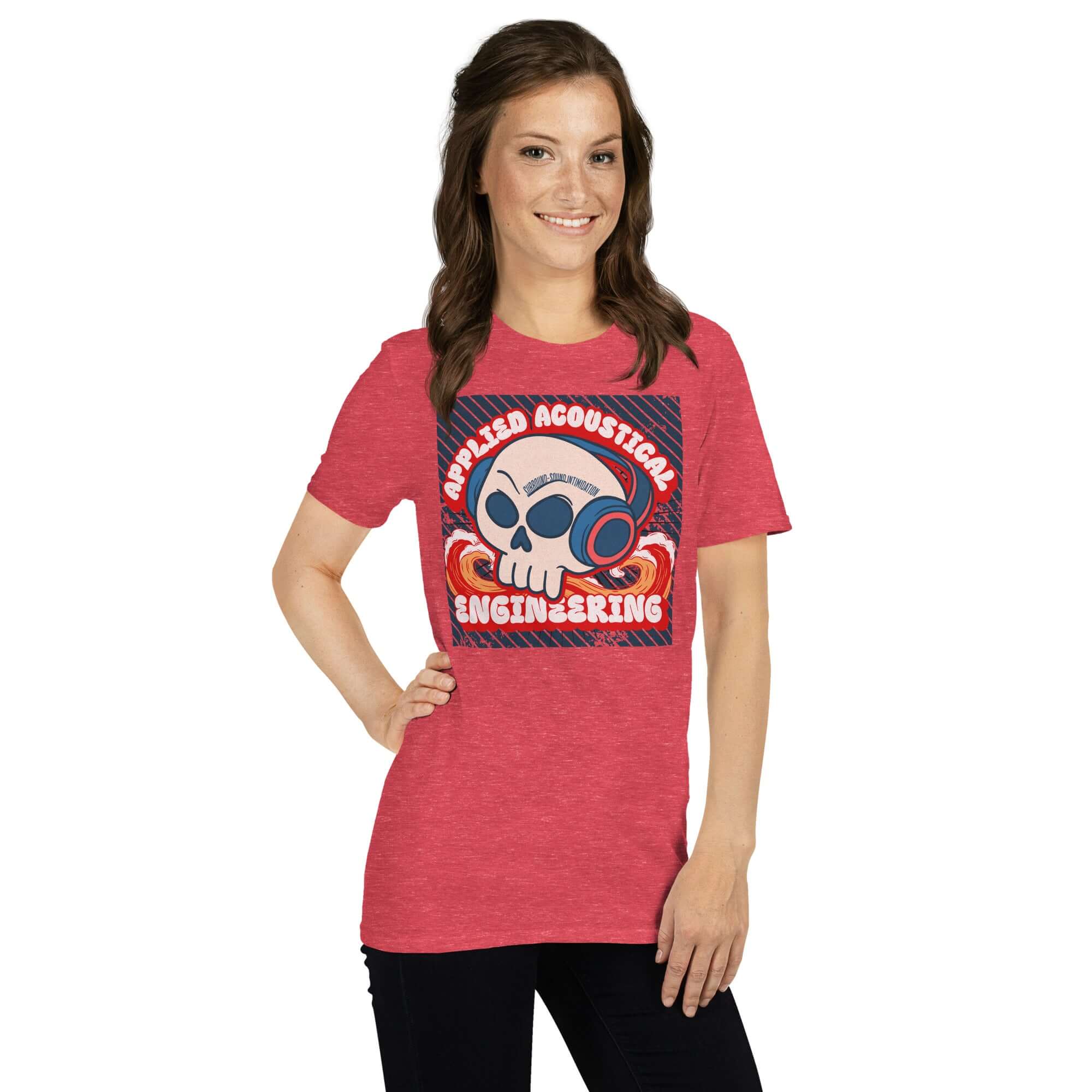 Woman wearing red 'Applied Acoustical Engineering' t-shirt with sound wave skull design and headphones.