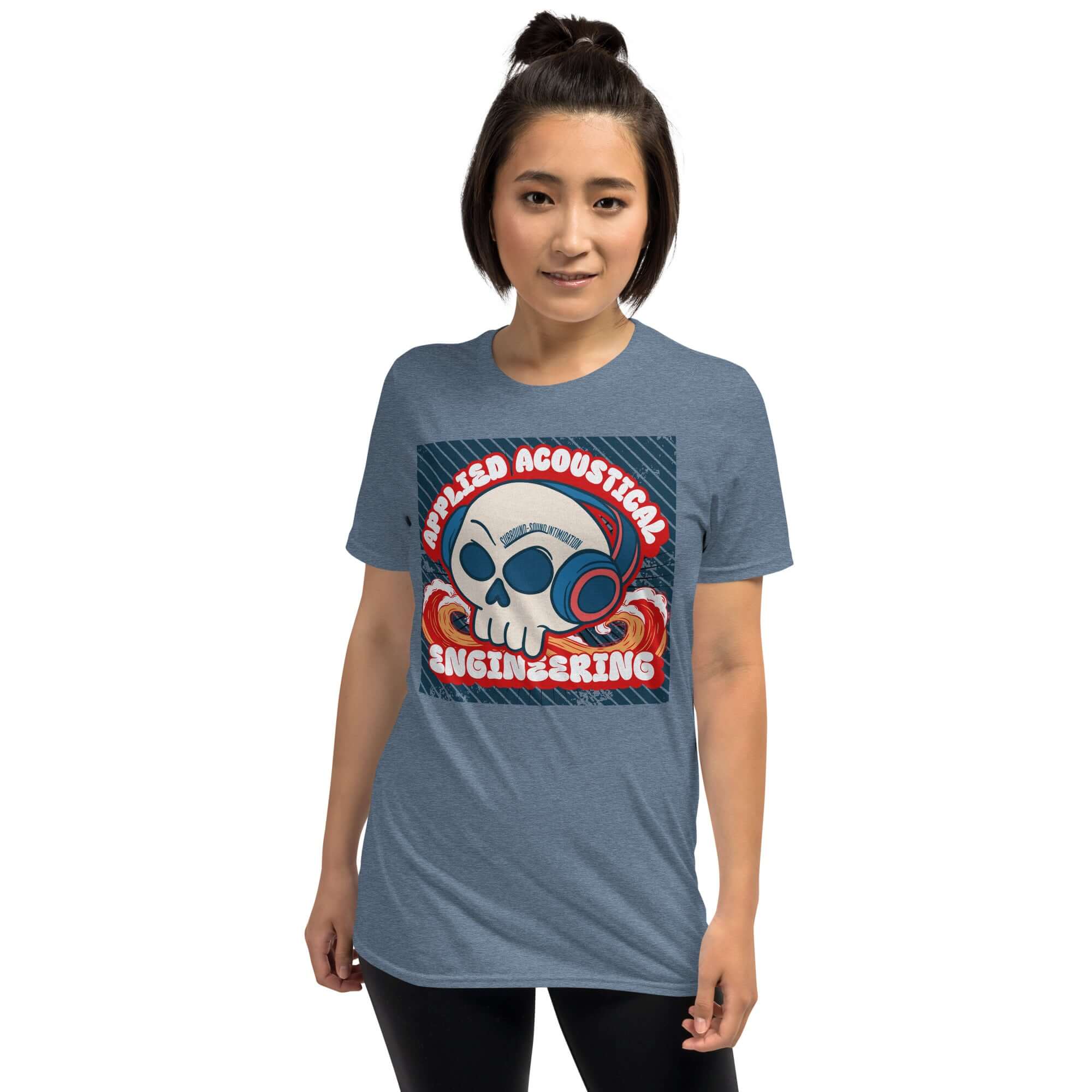 Woman wearing Applied Acoustical Engineering T-shirt with skull and sound wave design, showcasing audio-themed fashion.