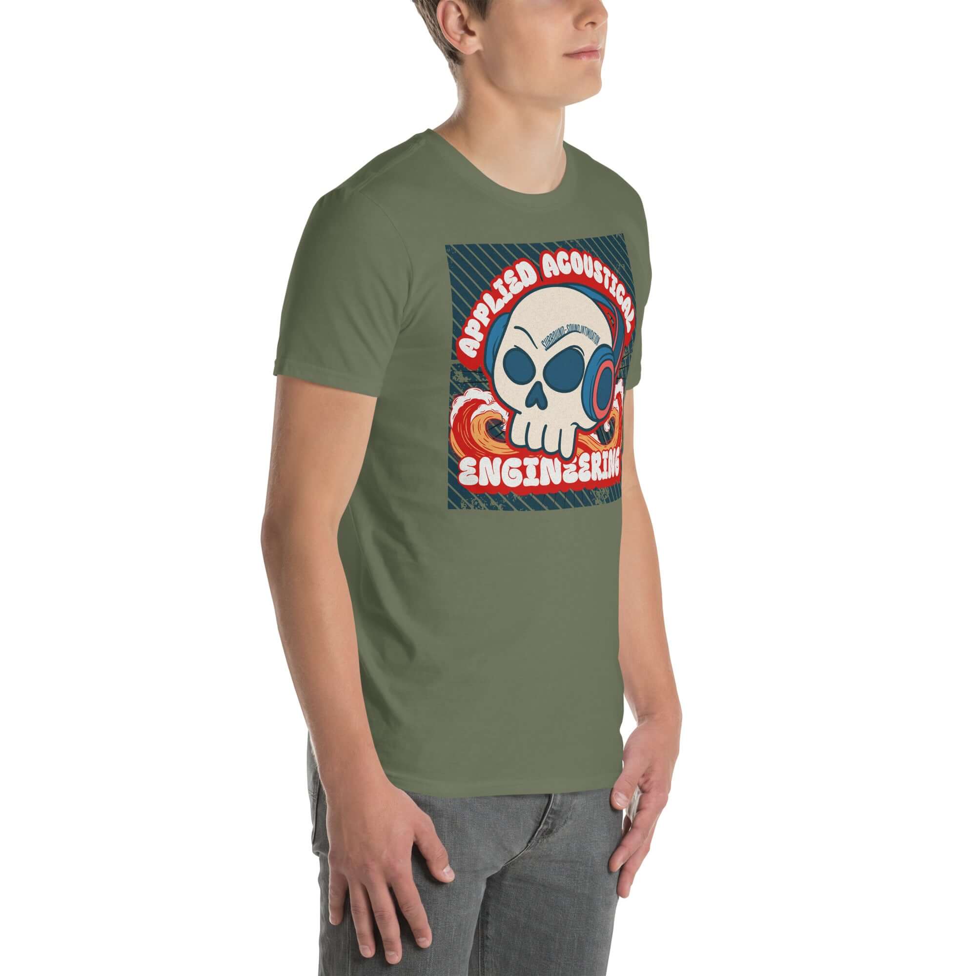 Person wearing Applied Acoustical Engineering t-shirt featuring a sound wave skull design with headphones, symbolizing sound science.