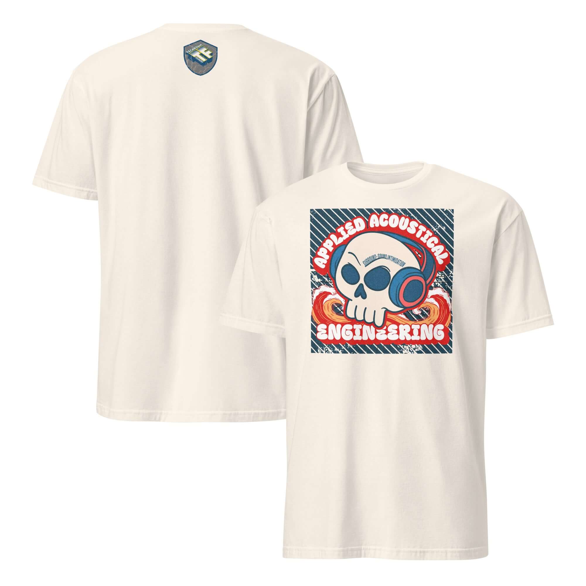 Applied Acoustical Engineering t-shirt featuring a skull with headphones, highlighting sound wave design in vibrant colors.
