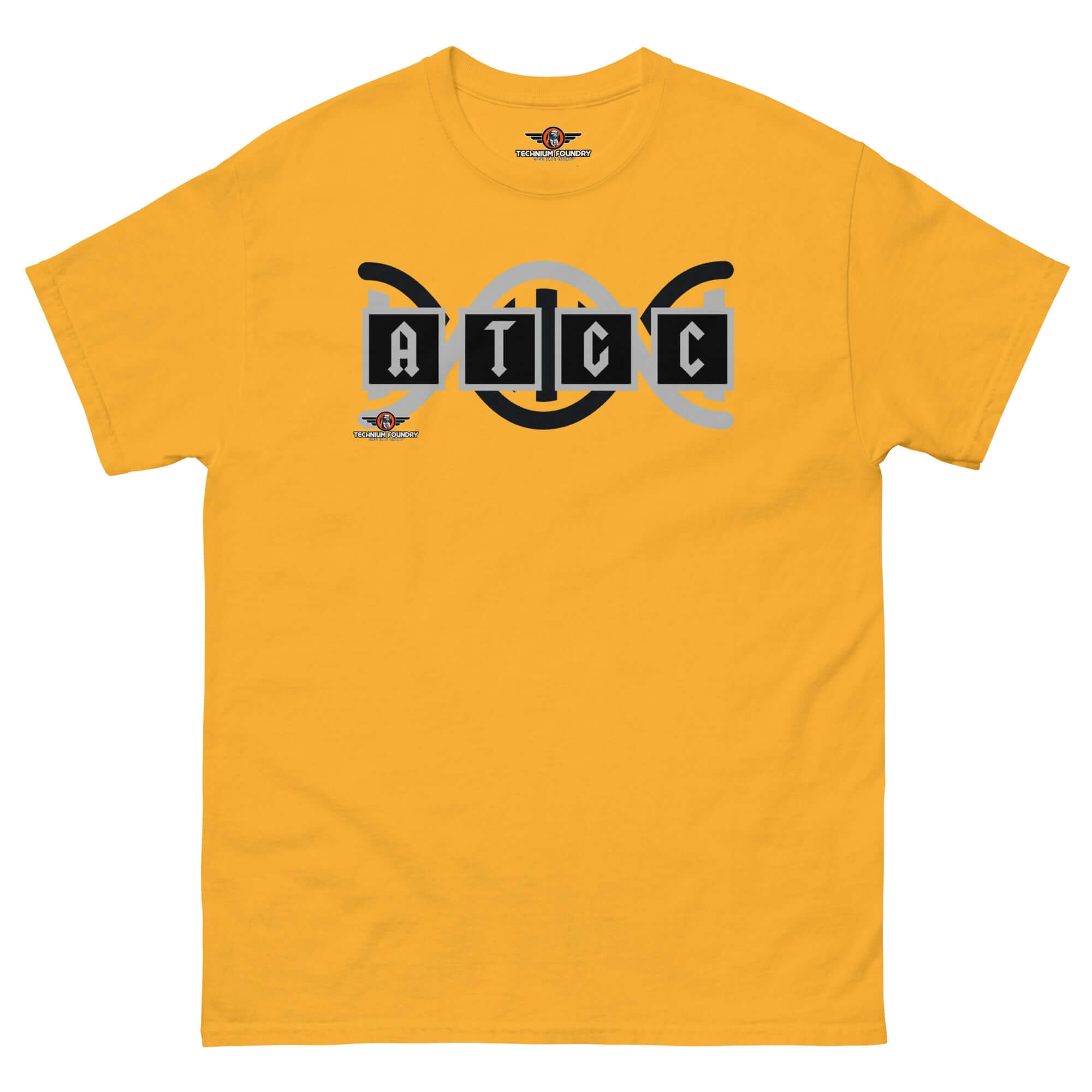 AT/GC rock band DNA t-shirt with genetics science humor, featuring a nucleotide base pair and double helix design.