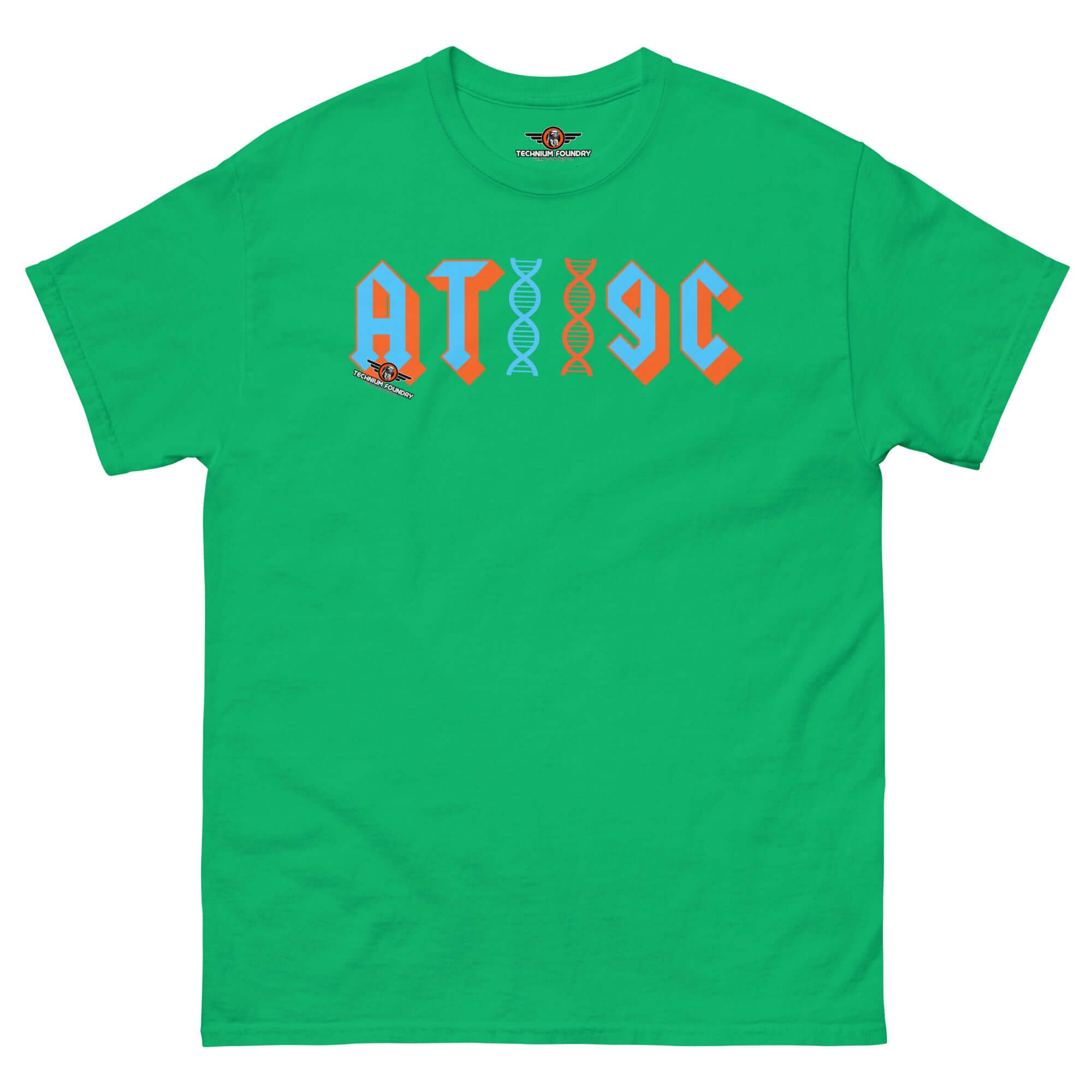 Green t-shirt with 'AT/GC' in rock band style, featuring DNA helix design, perfect for genetics and music enthusiasts.