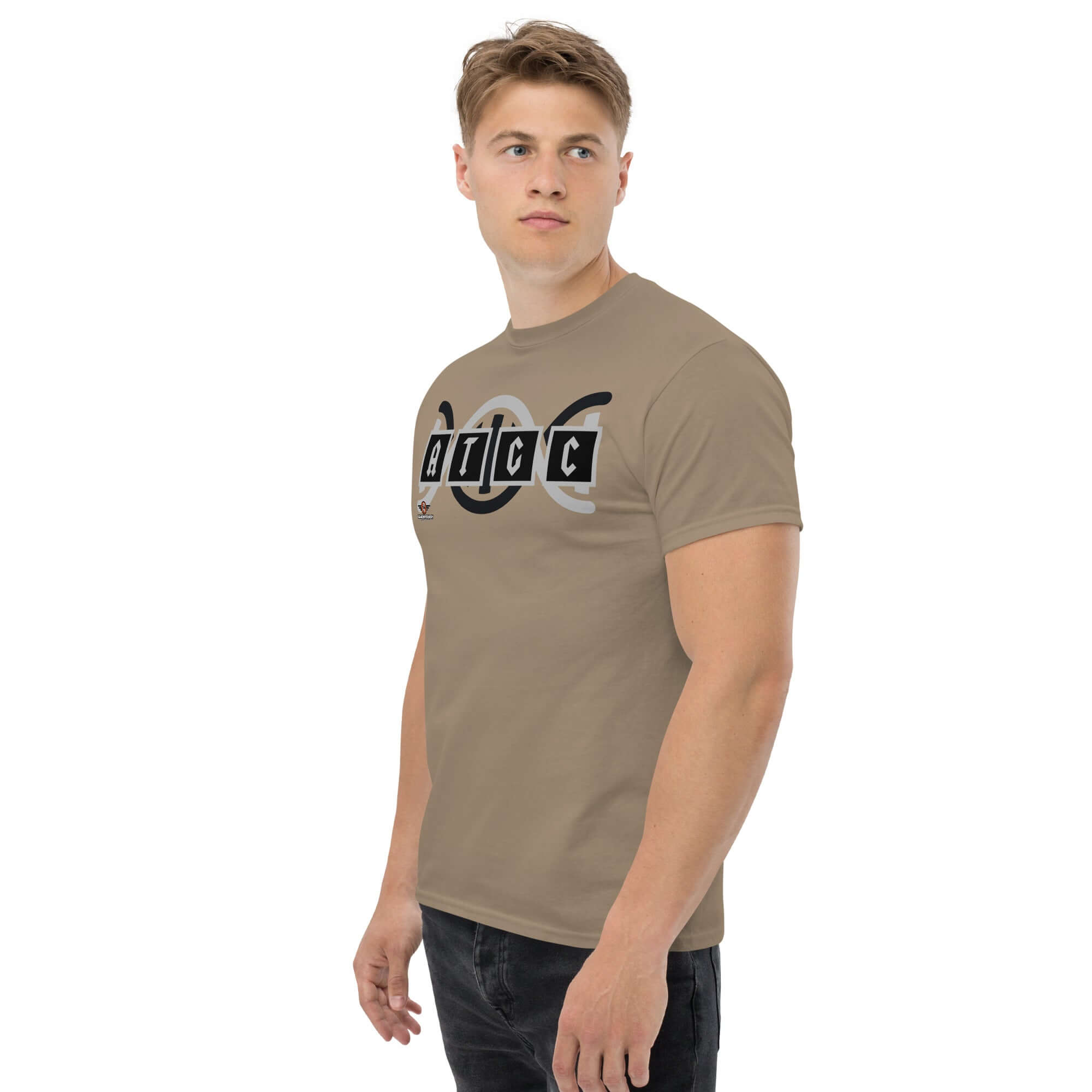 Man wearing AT/GC DNA rock band logo t-shirt with genetics and metal music theme.