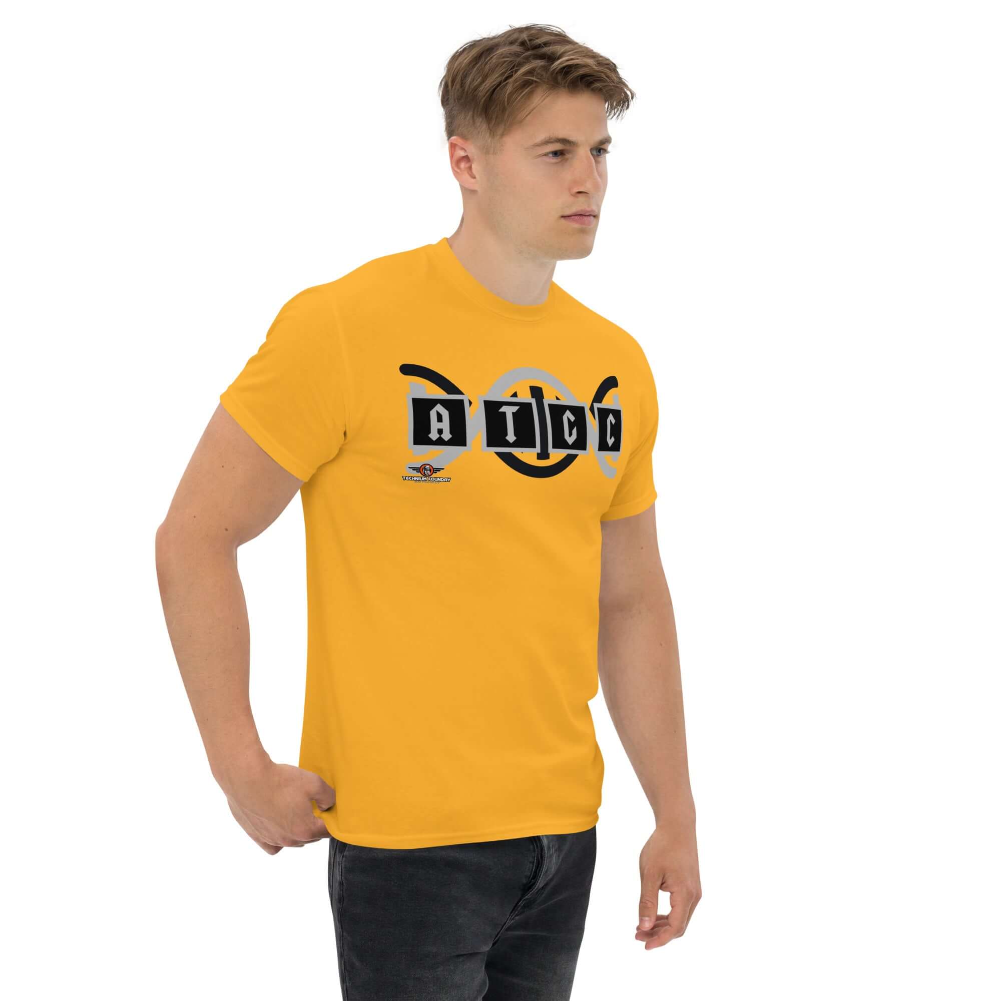Yellow AT/GC DNA Rock Band T-Shirt featuring genetic base pairs in heavy metal logo style, worn by a male model.