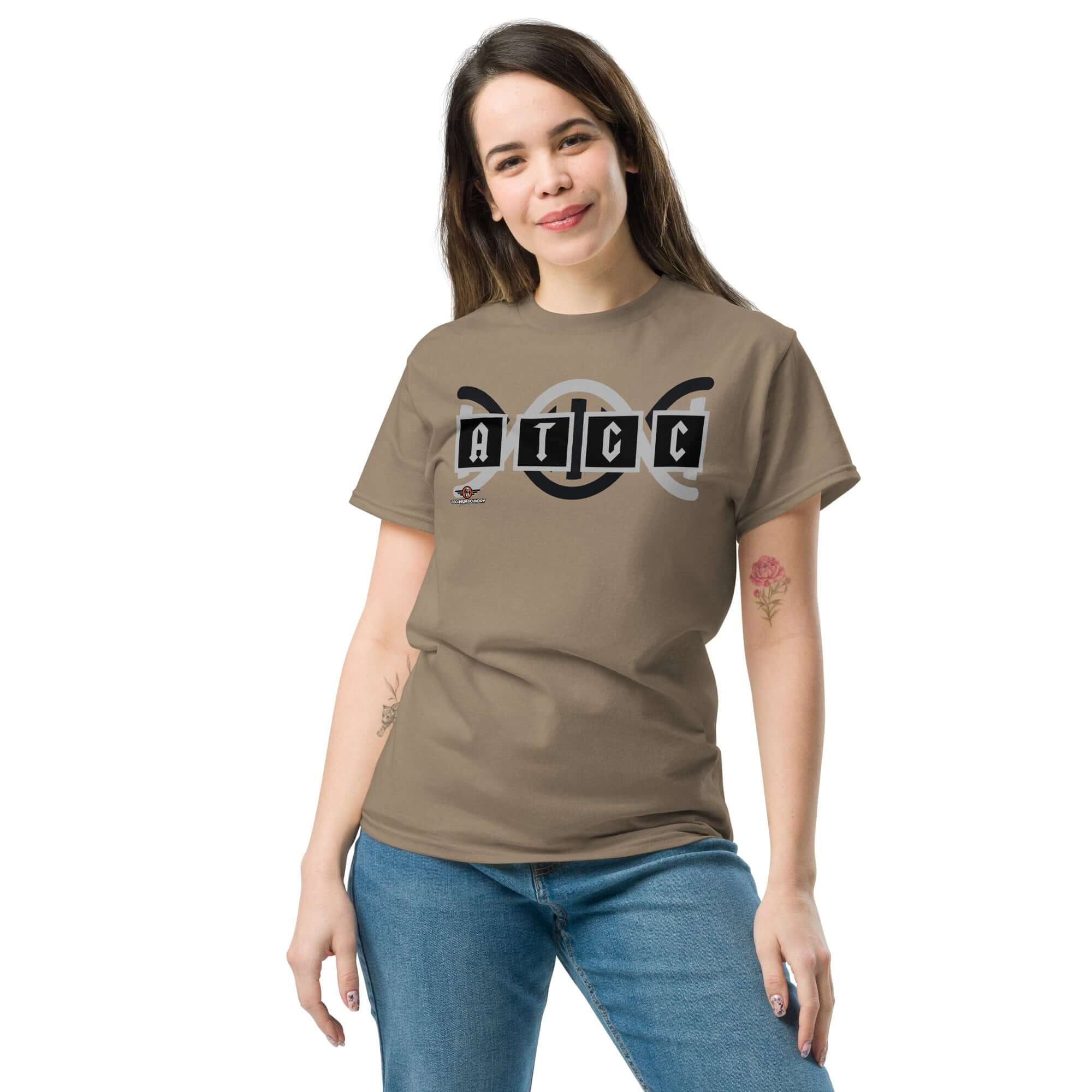 Woman wearing AT/GC DNA t-shirt with rock band logo design, blending genetics and heavy metal style, ideal for science enthusiasts.