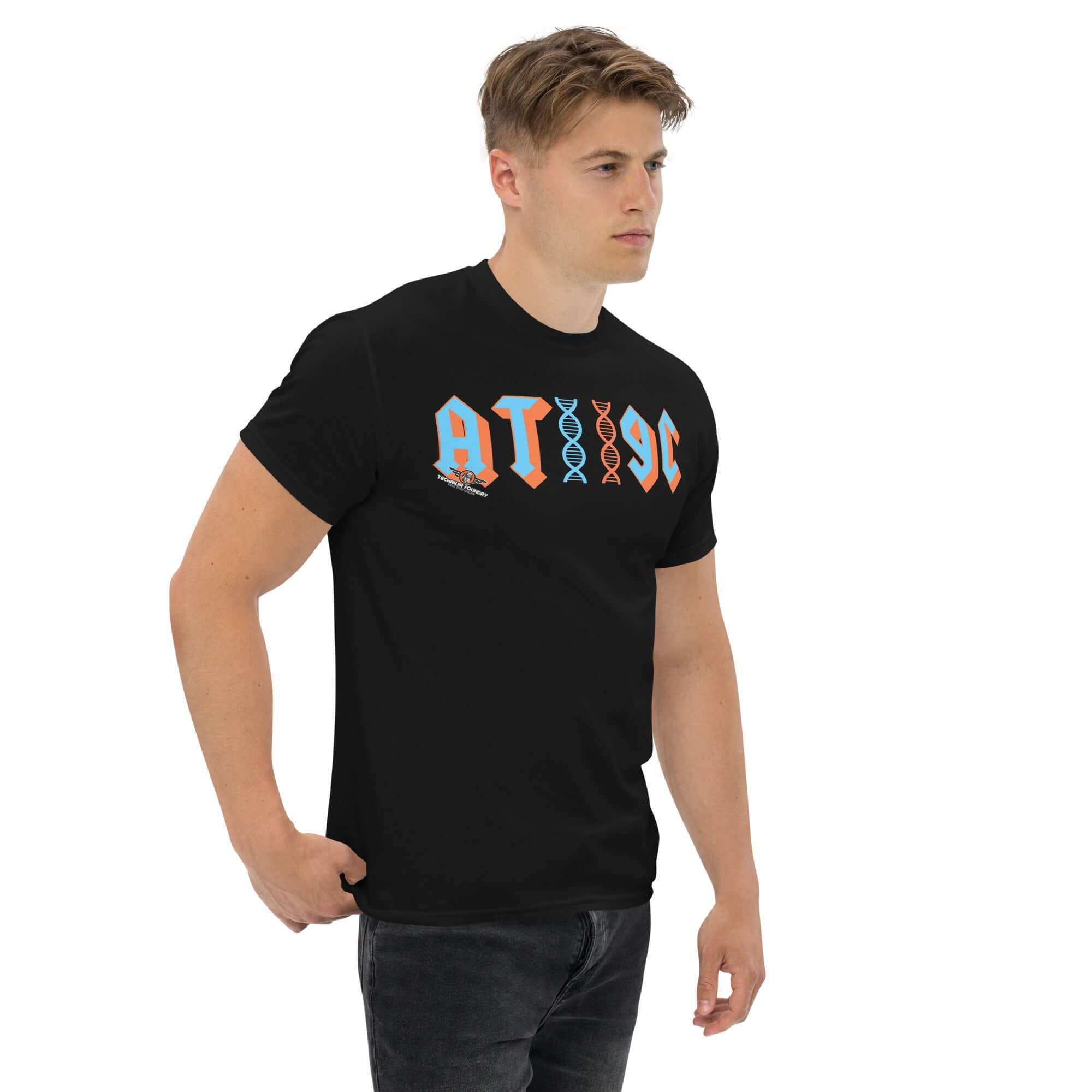 Man wearing AT/GC Rock Band DNA T-Shirt with genetics science humor design, featuring metal band typography and DNA helix graphic.