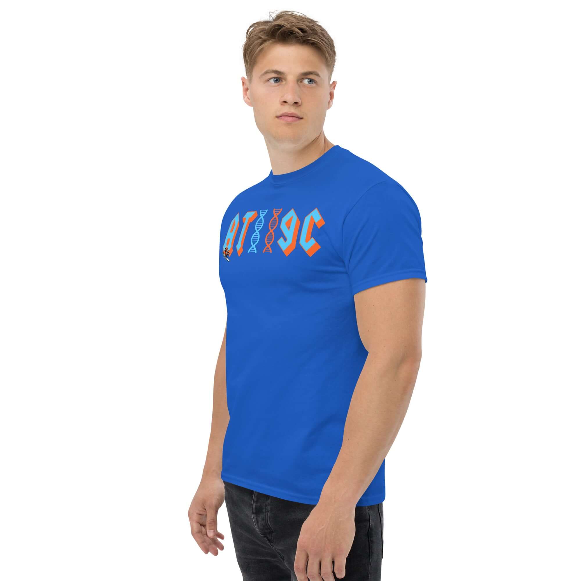 Man wearing AT/GC DNA T-shirt, Genetics Science Humor, blue tee with nucleotide base pairs and DNA helix in metal band style.
