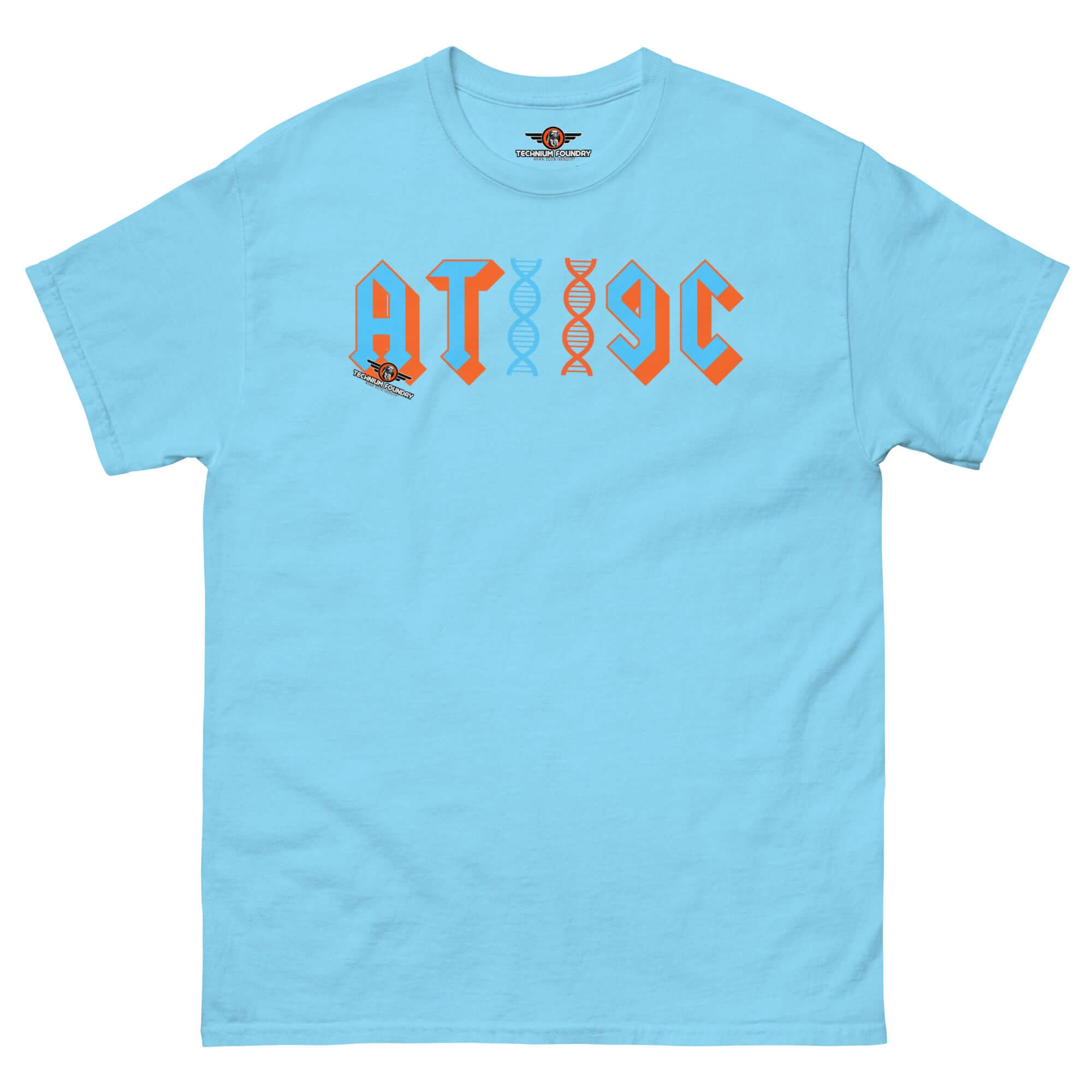 Light blue t-shirt with 'AT/GC' design, featuring DNA helix and metal band style, perfect for science humor and genetics enthusiasts.